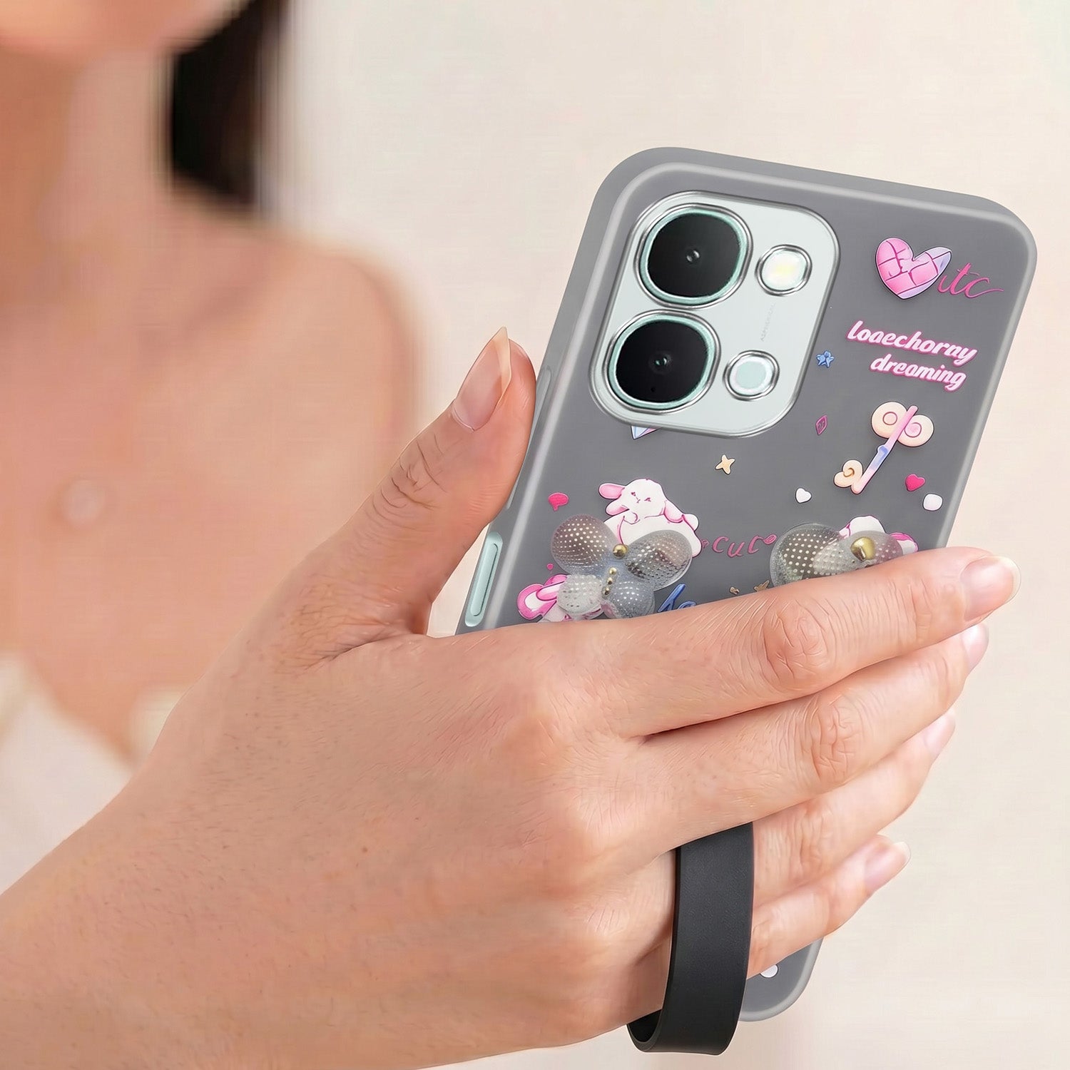 For iQOO Z11x 5G Back Cover Case (3D Cute Heart Strap Holder | Camera Protection | Designer Girls Print)