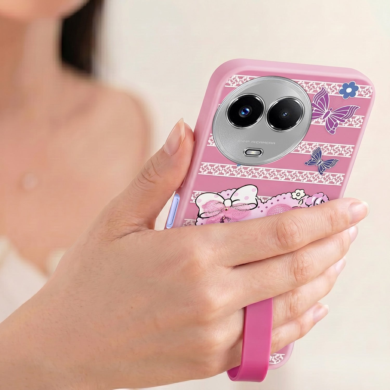 For Realme Narzo 60x Back Cover Case (3D Cute Heart Strap Holder | Camera Protection | Designer Girls Print)