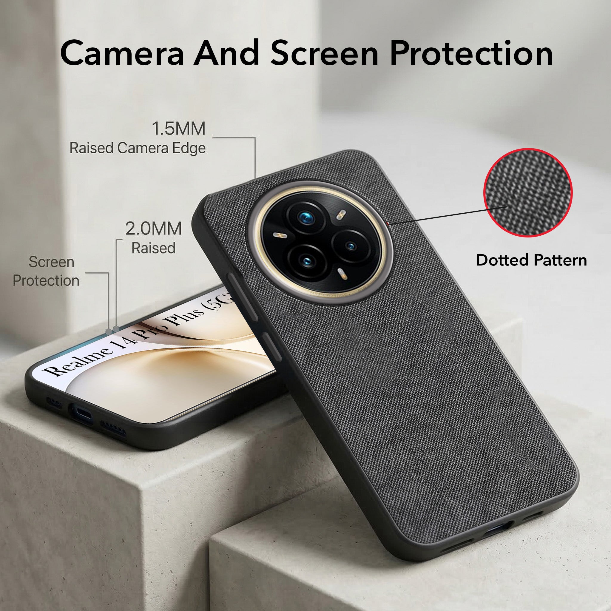 For Realme 14 Pro Plus 5G Combo with Back Cover and 9H Tempered Glass (Textured Grip Design | Micro-Fiber Cloth Inside | Oleophobic Coating Screen Glass)