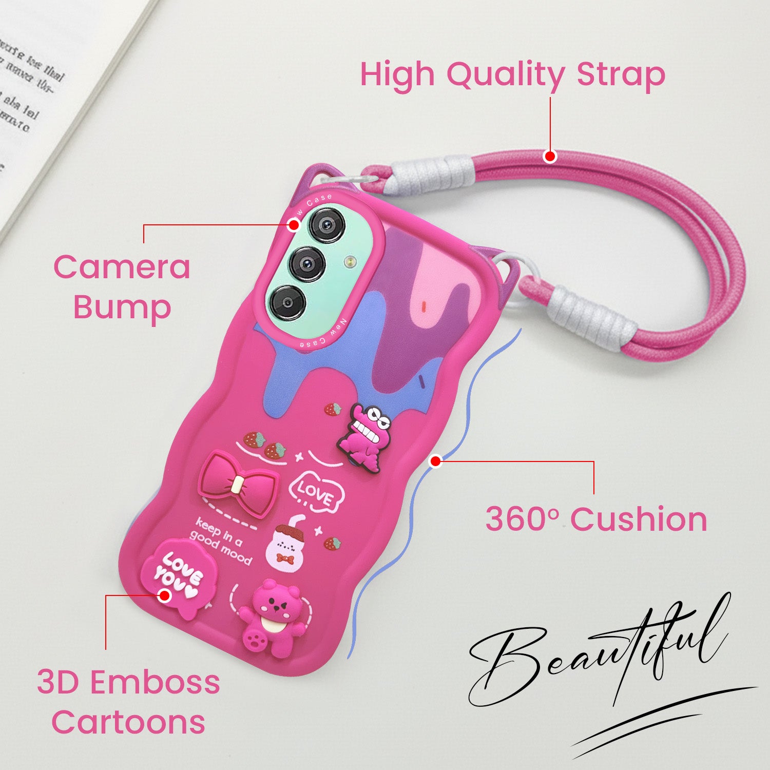 For Samsung Galaxy F15 5G Back Case Cover Strap(3D embossed Figures | Strap Holder | 360* Soft Cushion with Camera Bump)