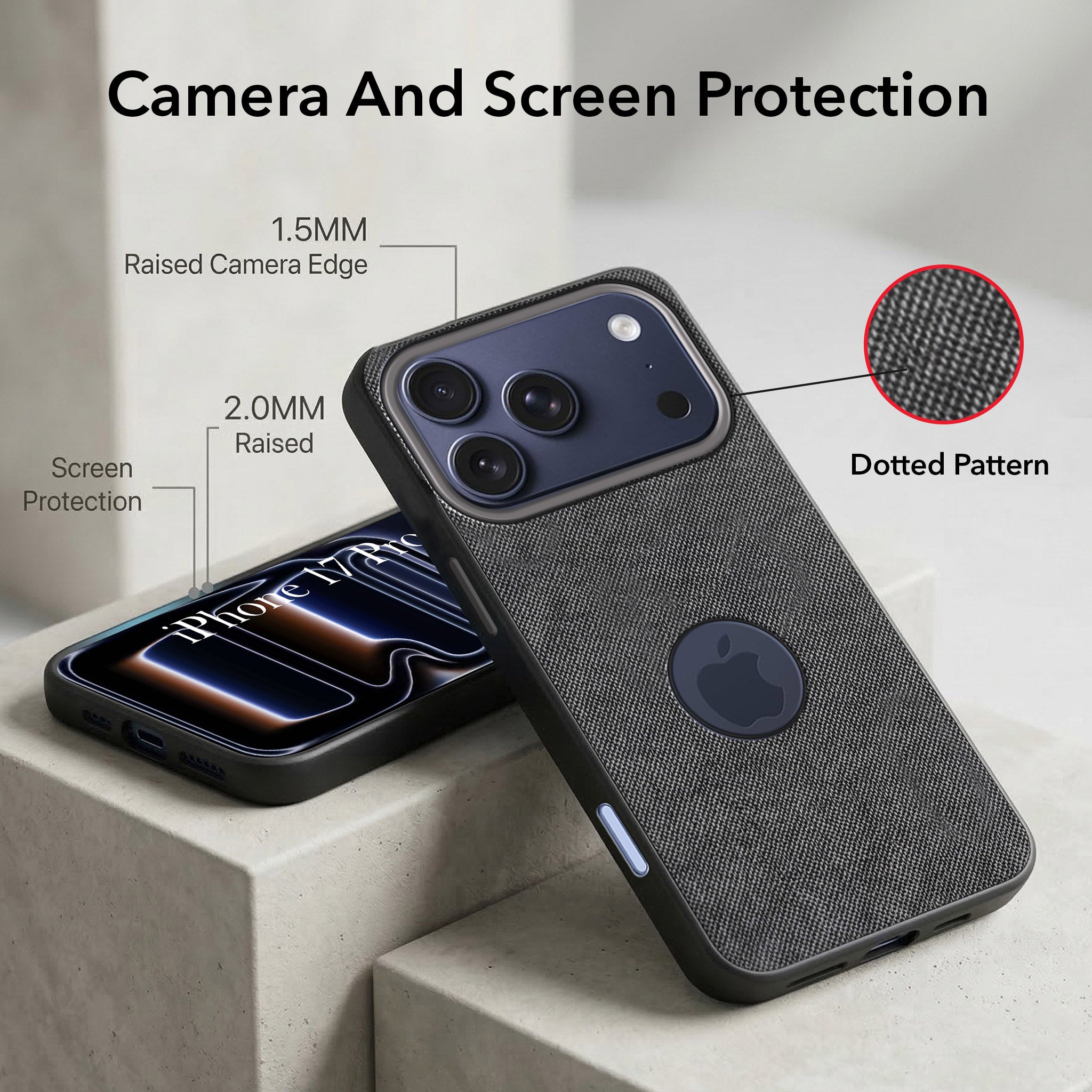 For Apple iPhone 17 Pro Combo with Back Cover and 9H Tempered Glass (Textured Grip Design | Micro-Fiber Cloth Inside | Oleophobic Coating Screen Glass)
