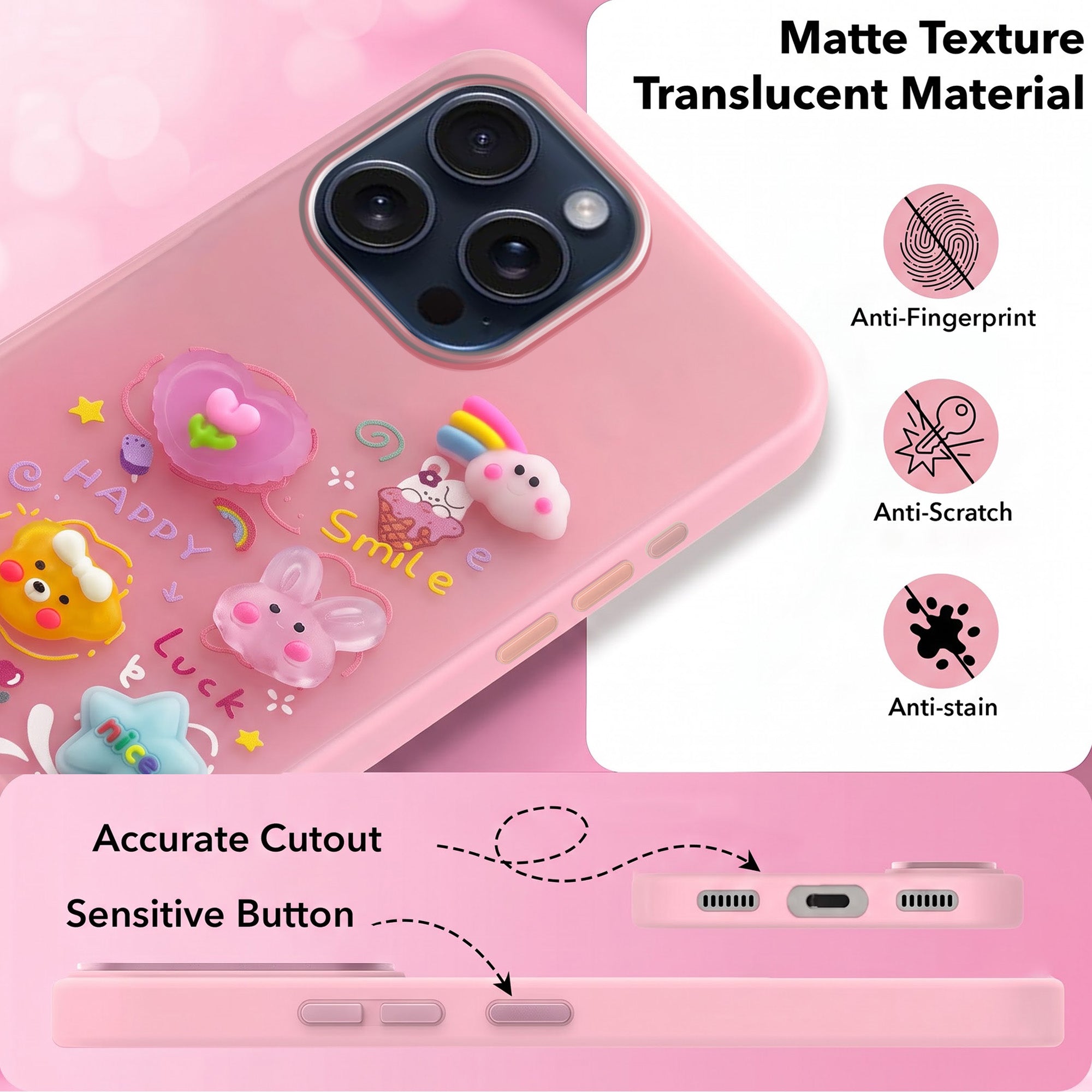 For Apple iPhone 15 Pro Max Back Cover Case (3D Cute Cartoons | Hard Back Side Soft | Matte Premium Finish | HD Printing)