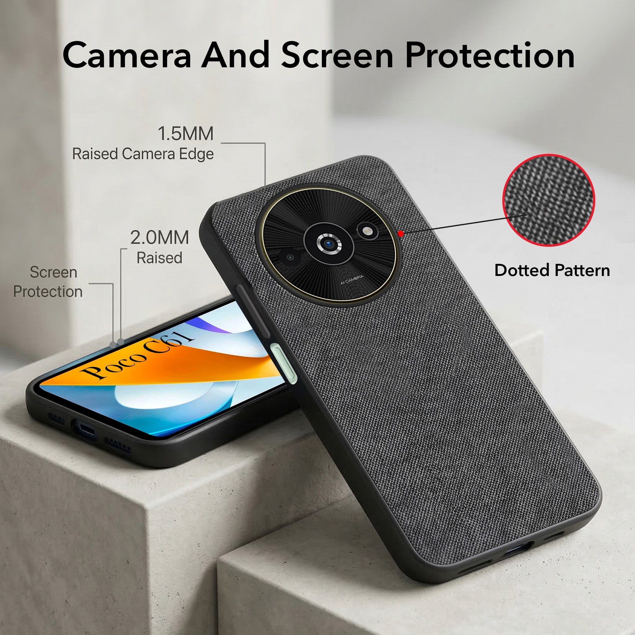 For Xiaomi Poco C61 Combo (Textured Grip Design | Micro-Fiber Cloth Inside | Oleophobic Coating Screen Glass)