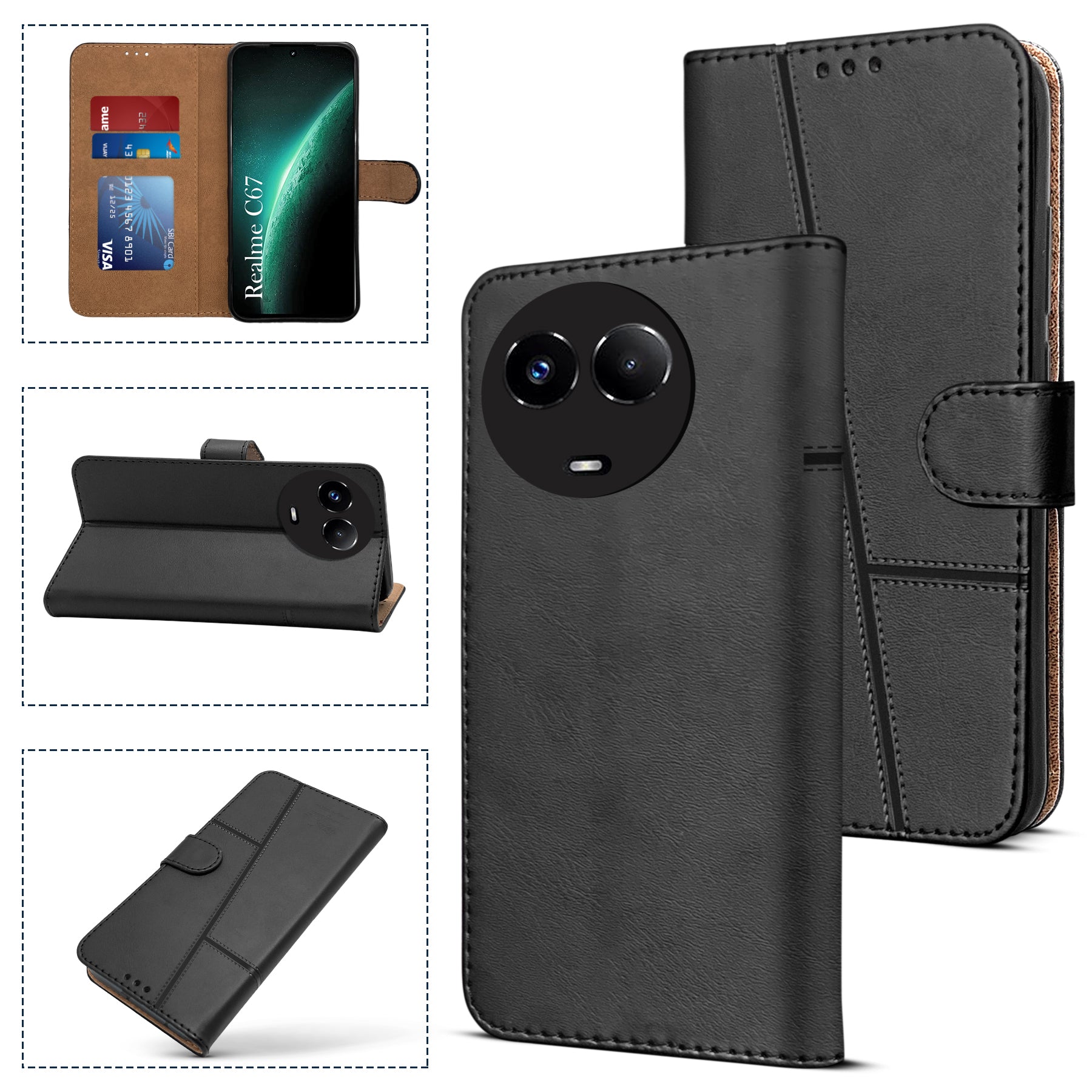 For Realme C67 Flip Cover Case (Stitched Leather with Magnetic Closure)