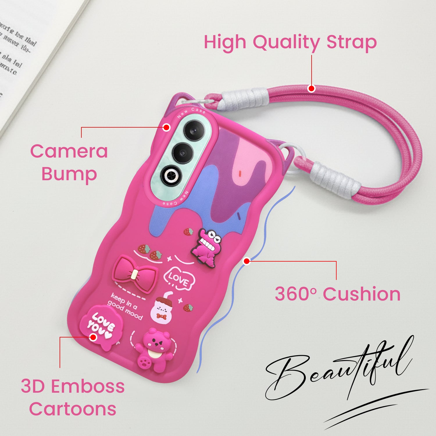 For Oneplus Nord CE 4 Back Case Cover Strap (3D embossed Figures | Strap Holder | 360* Soft Cushion with Camera Bump)