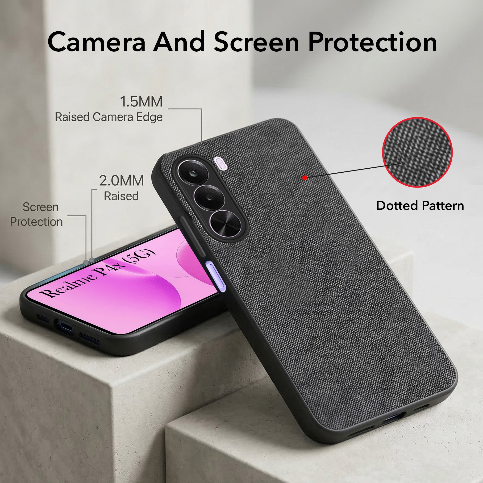 For Realme P4x Combo with Back Cover and 9H Tempered Glass (Textured Grip Design | Micro-Fiber Cloth Inside | Oleophobic Coating Screen Glass)