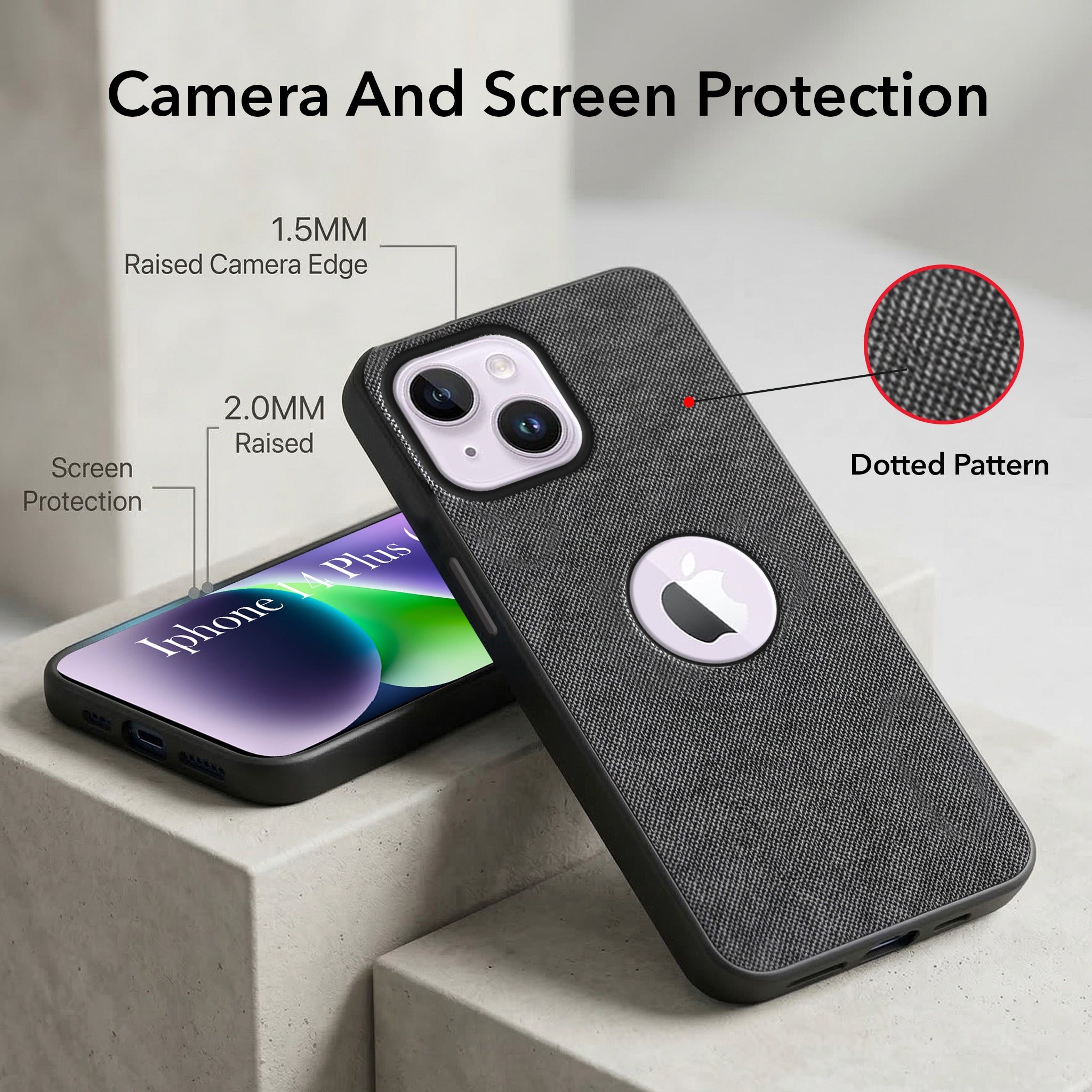 For Apple iPhone 14 Plus Combo with Back Cover and 9H Tempered Glass (Textured Grip Design | Micro-Fiber Cloth Inside | Oleophobic Coating Screen Glass)