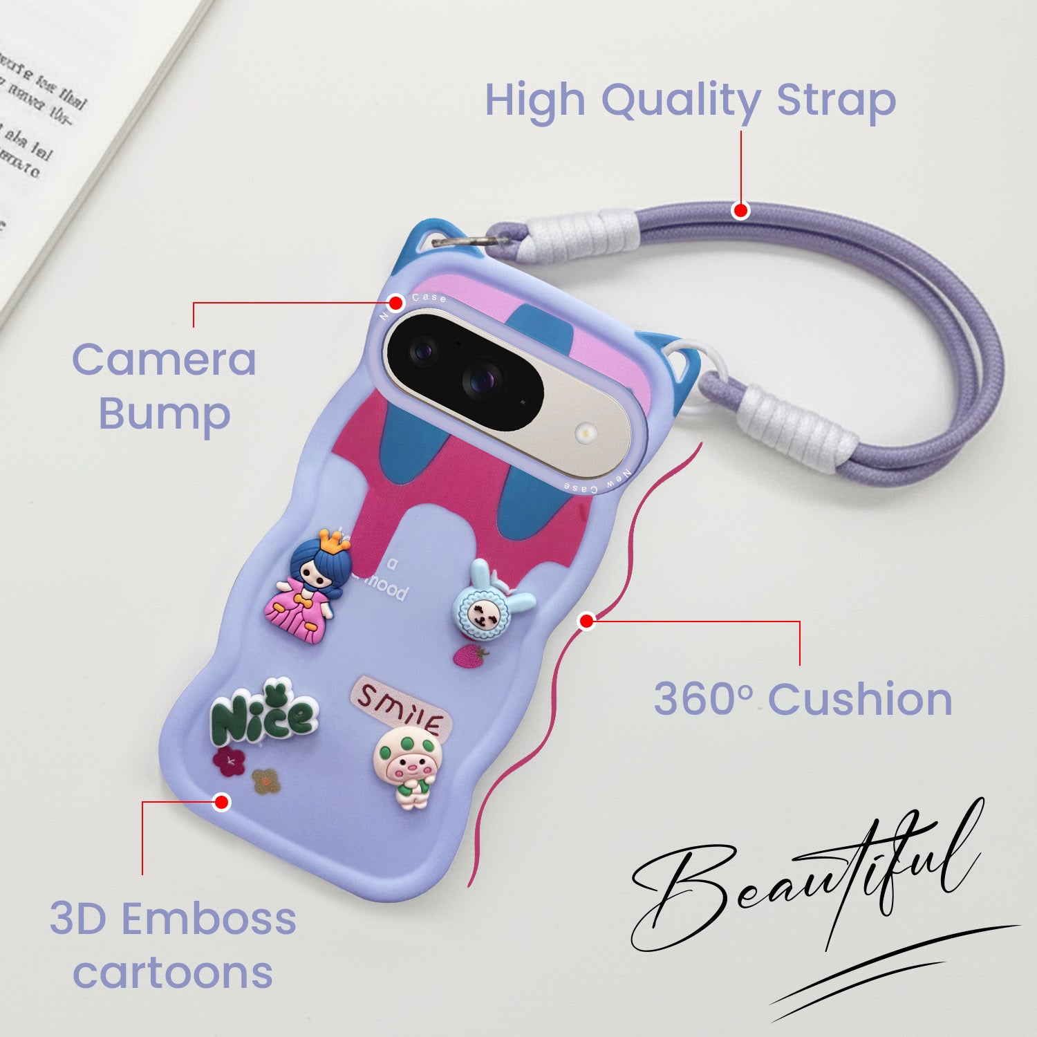 For Google Pixel 9 Back Case Cover Strap (3D Embossed Figures | Strap Holder | 360* Soft Cushion with Camera Bump)