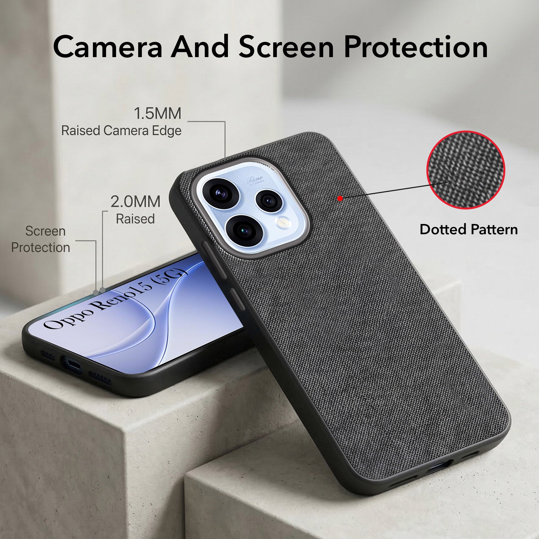 For Oppo Reno15 5G | Oppo Reno 15 5G Combo with Back Cover and 9H Tempered Glass (Textured Grip Design | Micro-Fiber Cloth Inside | Oleophobic Coating Screen Glass)