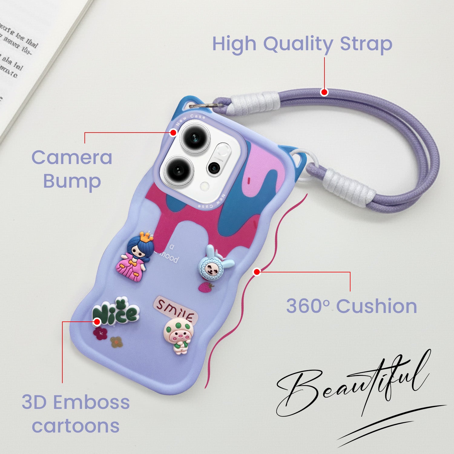 For Oppo Reno14 5G | Oppo Reno 14 5G Back Case Cover Strap (3D embossed Figures | Strap Holder | 360* Soft Cushion with Camera Bump)