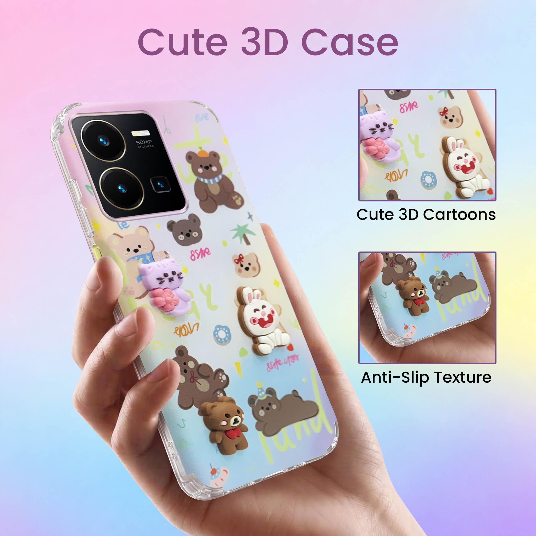 For Vivo Y35 Back Cover Case (3D Cute Cartoons | Hard Back Side Soft | Matte Premium Finish | HD Printing)