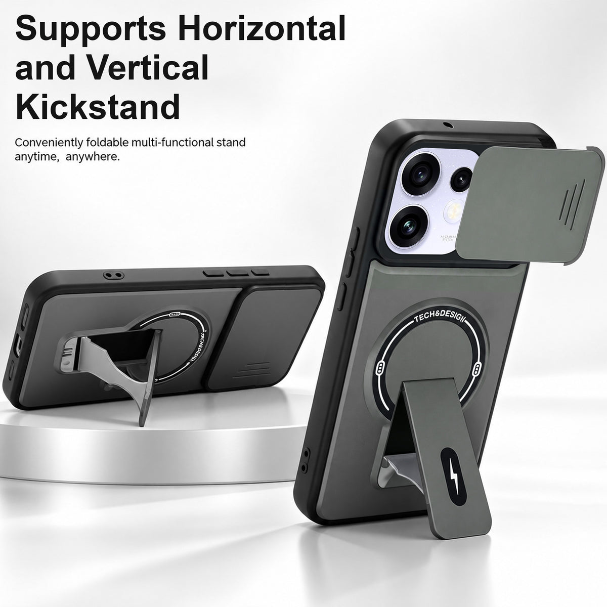 For Oppo Reno 16 Power Back Case Cover Metallic (Hybrid Armor Kickstand | Sliding Shutter Camera Protection | MagSafe Compatible)