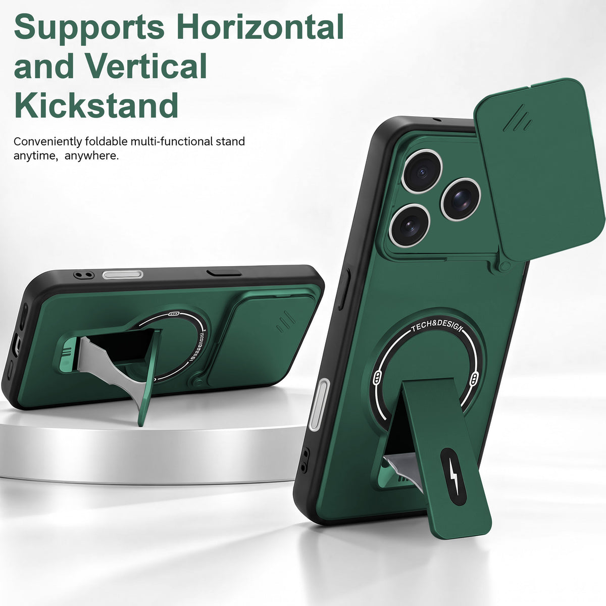 For Apple iPhone 17 Pro Back Case Cover Metallic (Hybrid Armor Kickstand | Sliding Shutter Camera Protection | MagSafe Compatible)