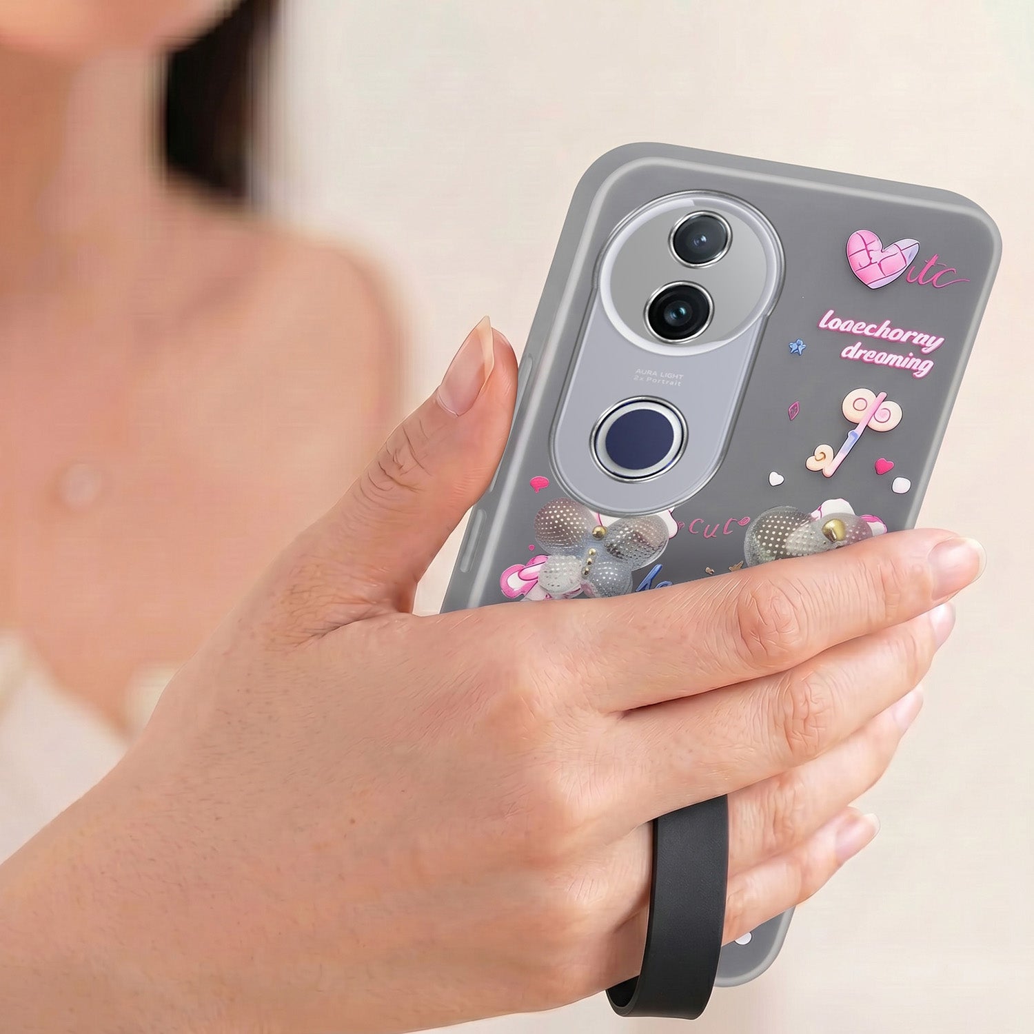 For Vivo T4R  Back Cover Case (3D Cute Heart Strap Holder | Camera Protection | Designer Girls Print)
