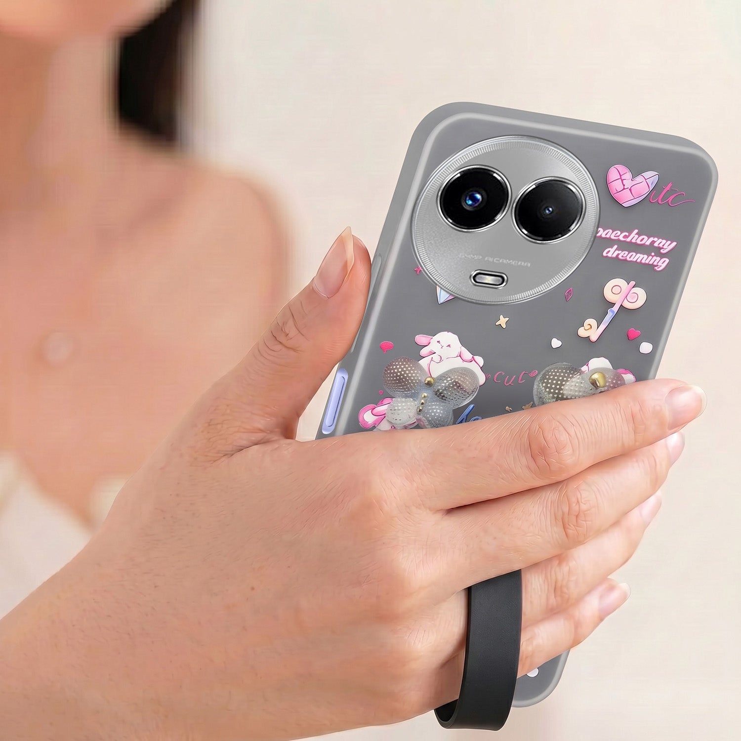 For Realme 11 5G | Realme 11x 5G Back Cover Case (3D Cute Heart Strap Holder | Camera Protection | Designer Girls Print)