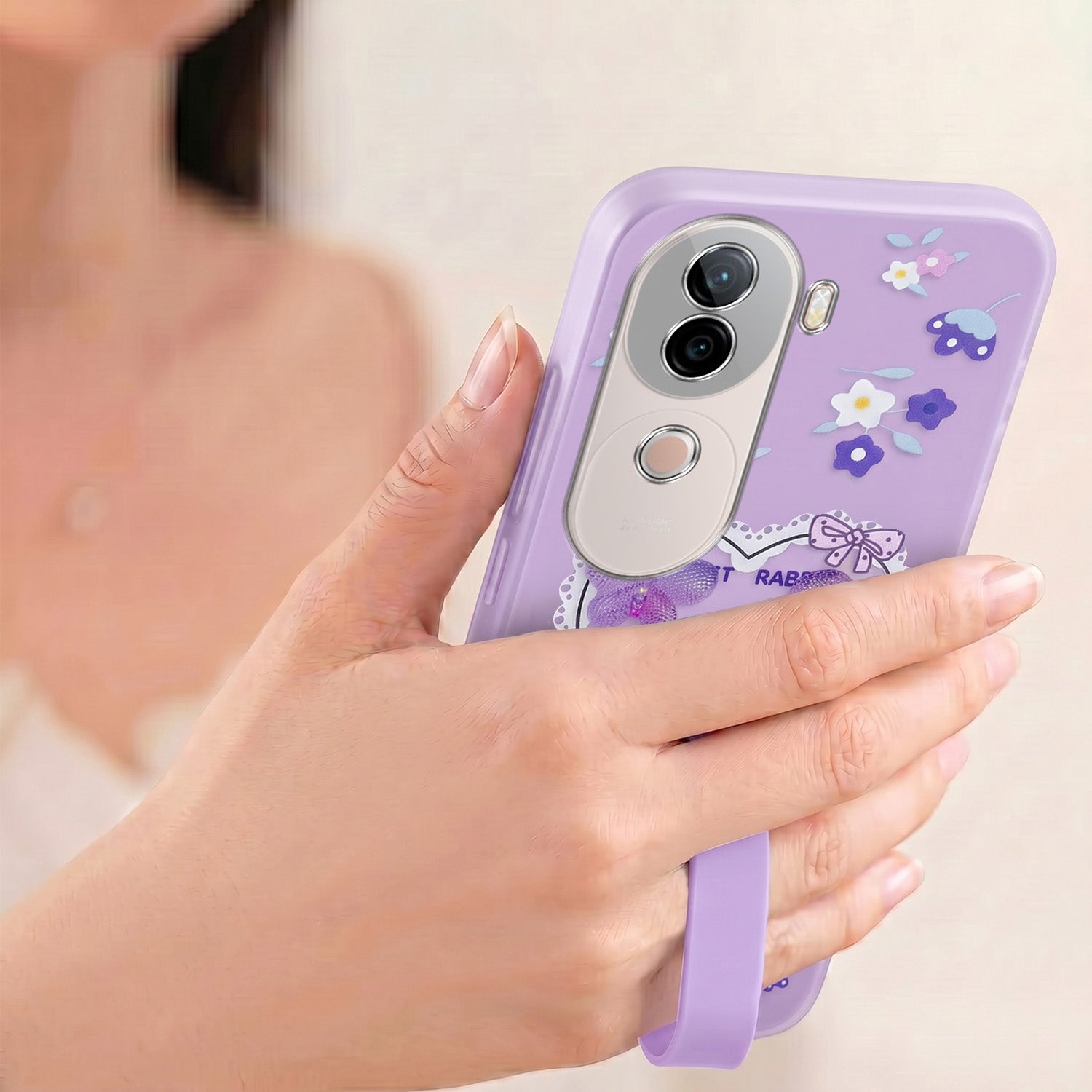For Vivo V40e Back Cover Case (3D Cute Heart Strap Holder | Camera Protection | Designer Girls Print)