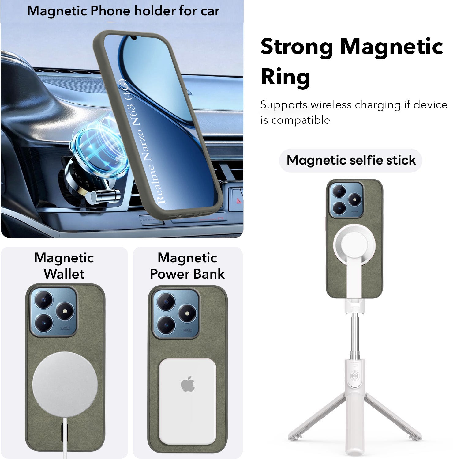 For Realme Narzo N63 Back Cover Case Leather Finish (MagSafe Compatible Wireless Charging | Soft Touch | Camera Bump Protection)
