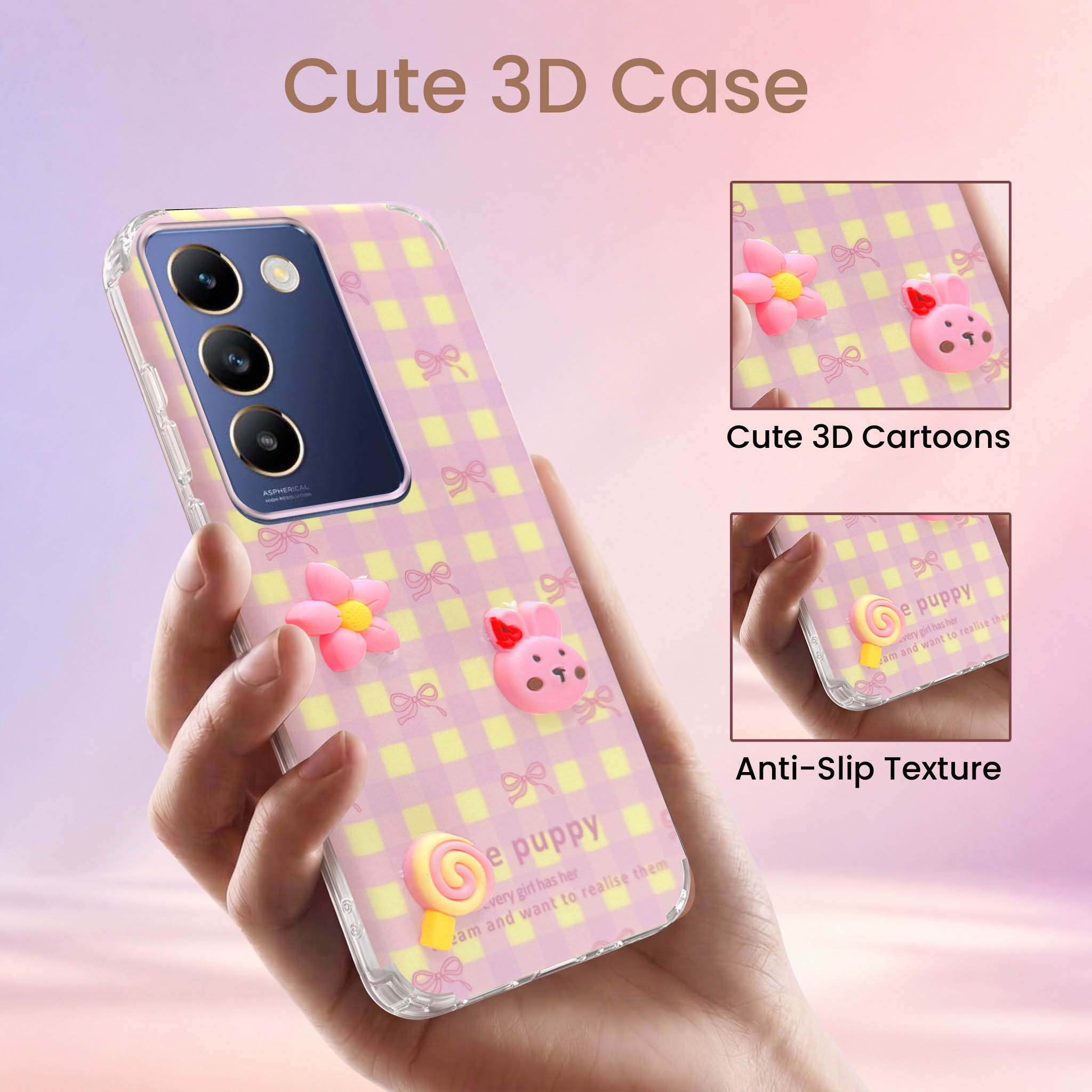 For Vivo T3 5G Back Cover Case (3D Cute Cartoons | Hard Back Side Soft | Matte Premium Finish | HD Printing)