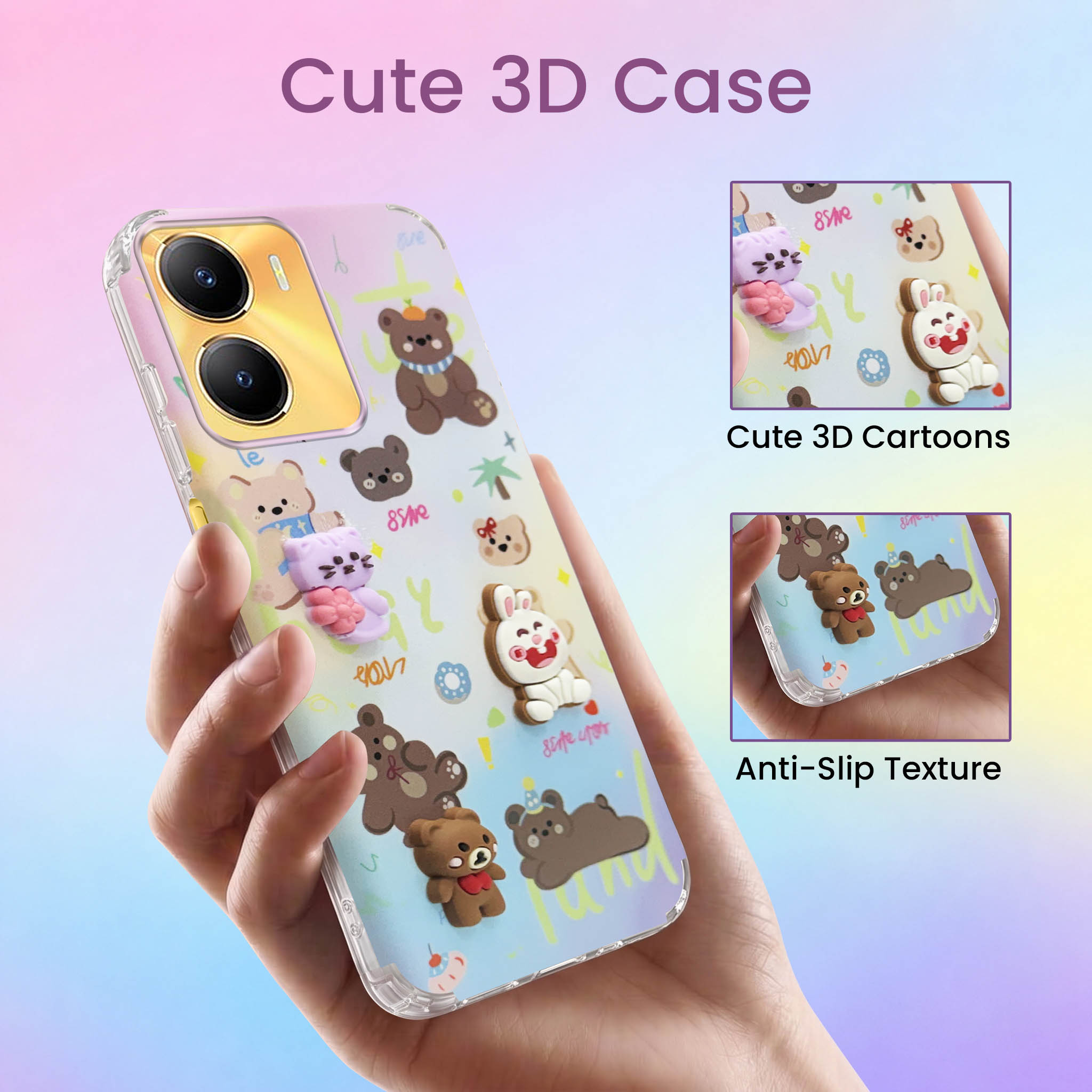 For Vivo Y56 5G Back Cover Case (3D Cute Cartoons | Hard Back Side Soft | Matte Premium Finish | HD Printing)