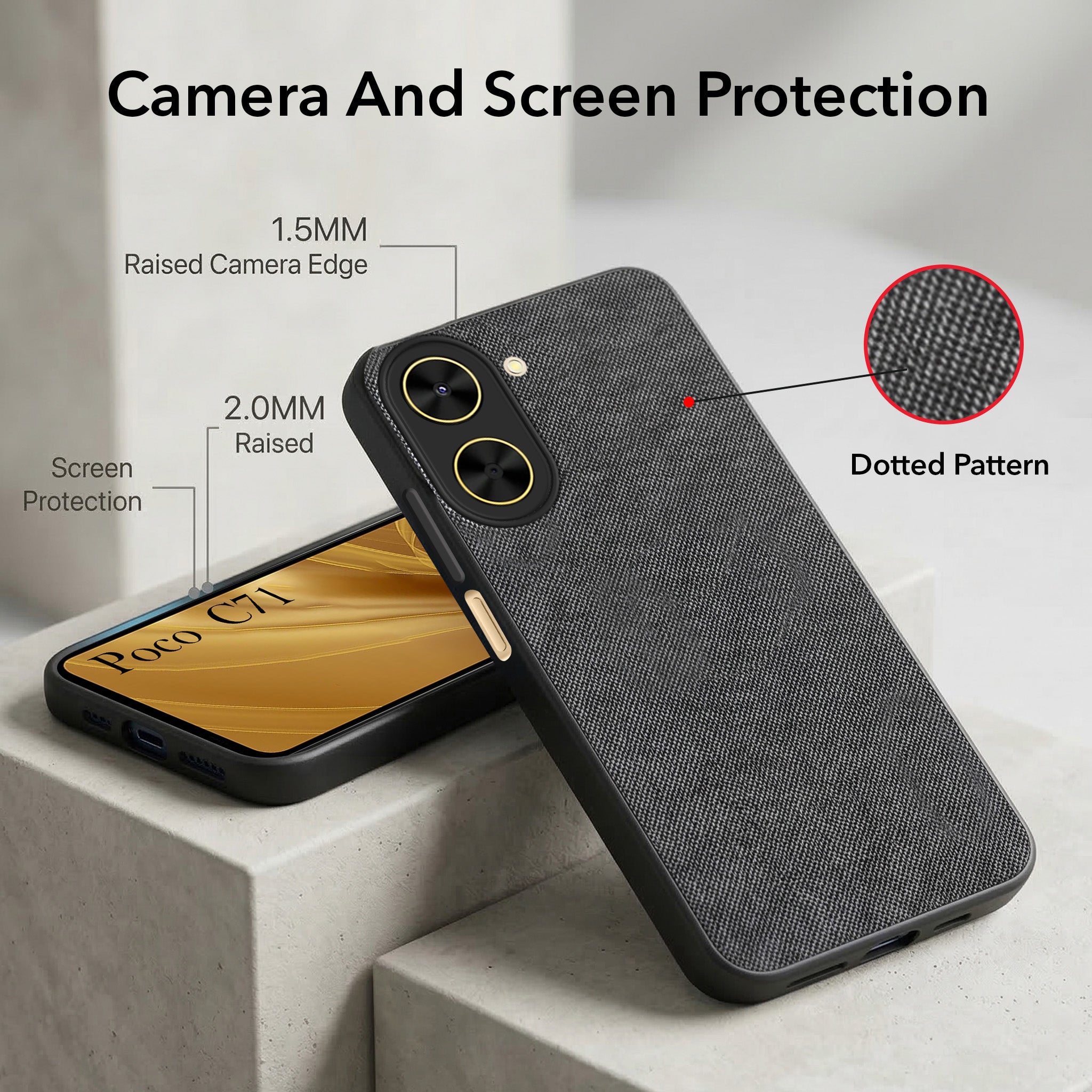 For Poco C71 Combo with Back Cover and 9H Tempered Glass (Textured Grip Design | Micro-Fiber Cloth Inside | Oleophobic Coating Screen Glass)