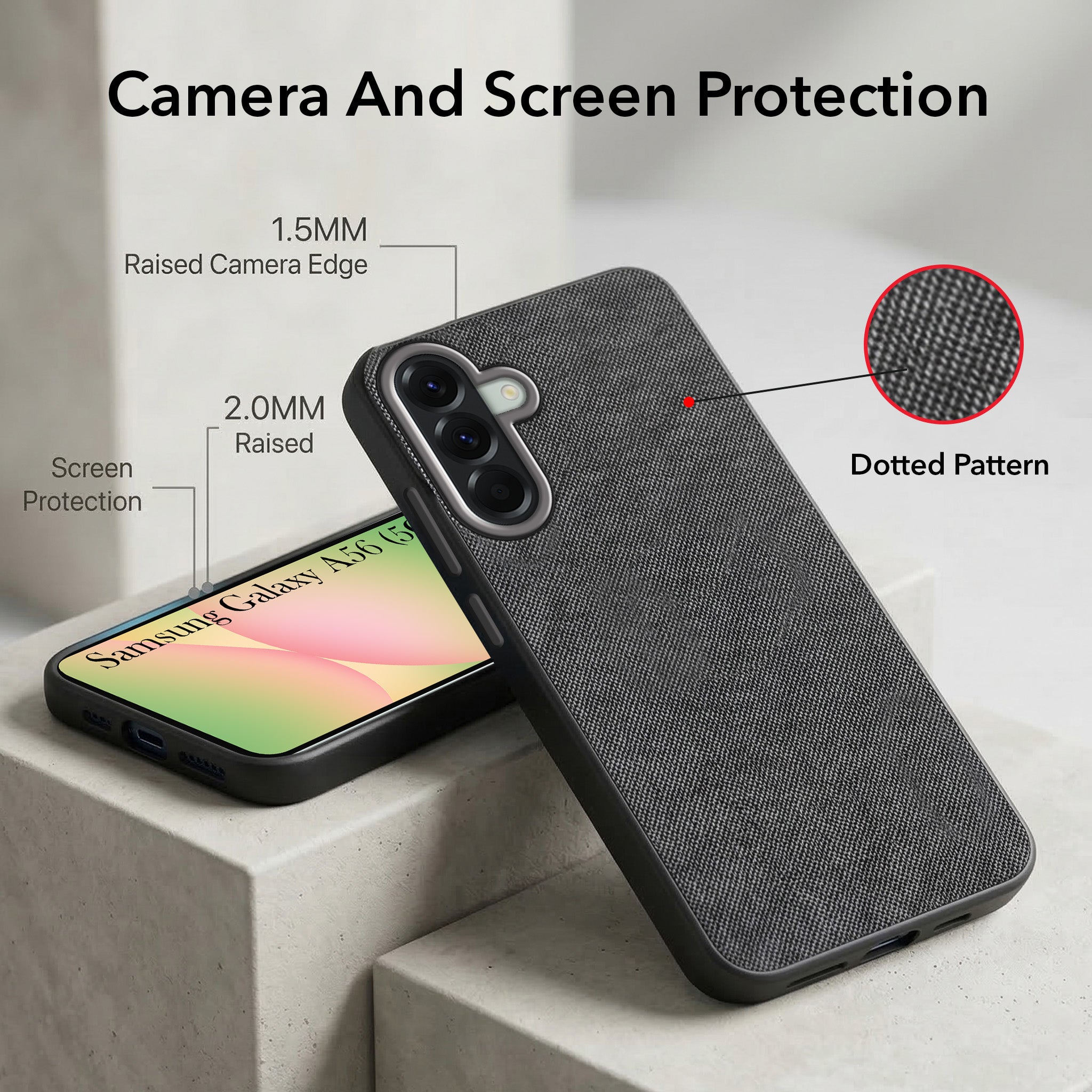 For Samsung Galaxy A56 Combo with Back Cover and 9H Tempered Glass (Textured Grip Design | Micro-Fiber Cloth Inside | Oleophobic Coating Screen Glass)