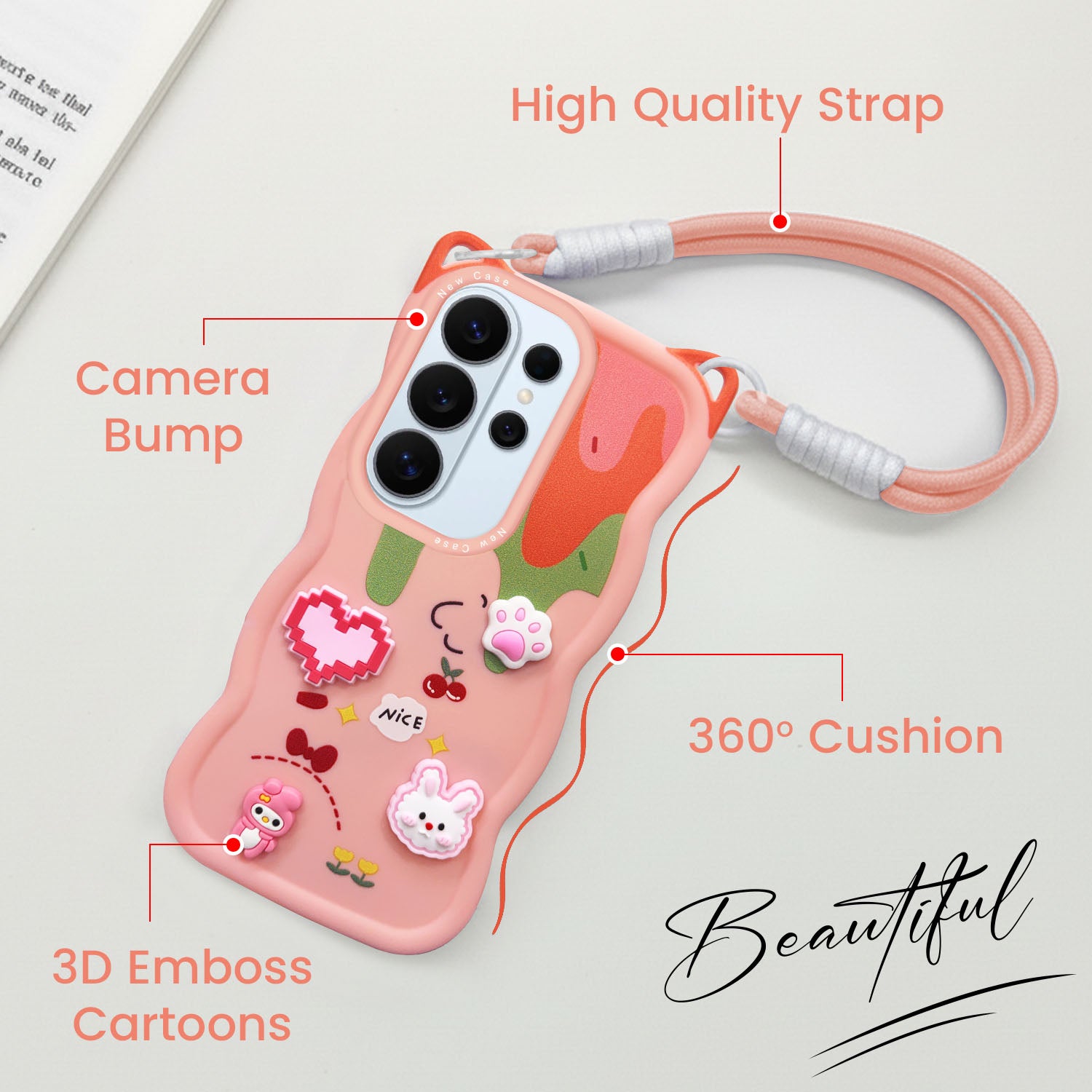 For Samsung Galaxy S26 Ultra Back Case Cover Strap (3D embossed Figures | Strap Holder | 360* Soft Cushion with Camera Bump)