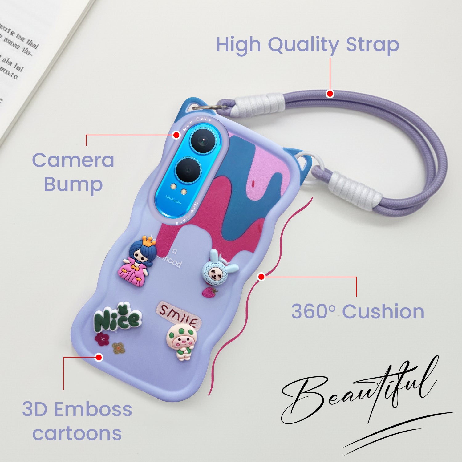 For OnePlus Nord CE 4 Lite Back Case Cover Strap (3D embossed Figures | Strap Holder | 360* Soft Cushion with Camera Bump)
