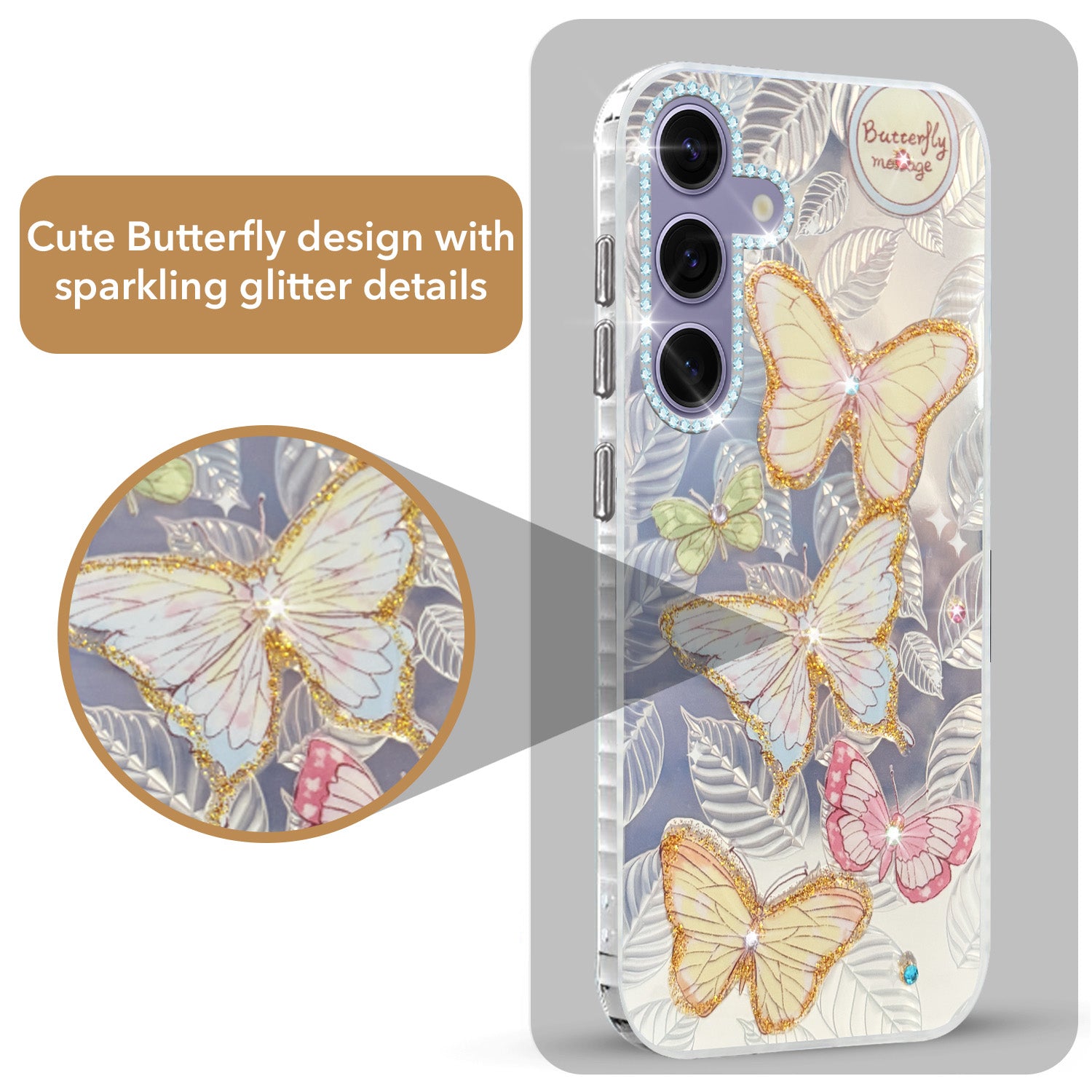For Samsung Galaxy S24 Back Cover Case (Luxury Floral Glitter Cute Butterfly | Diamond Studded Camera Bump | Girls & Women Design)