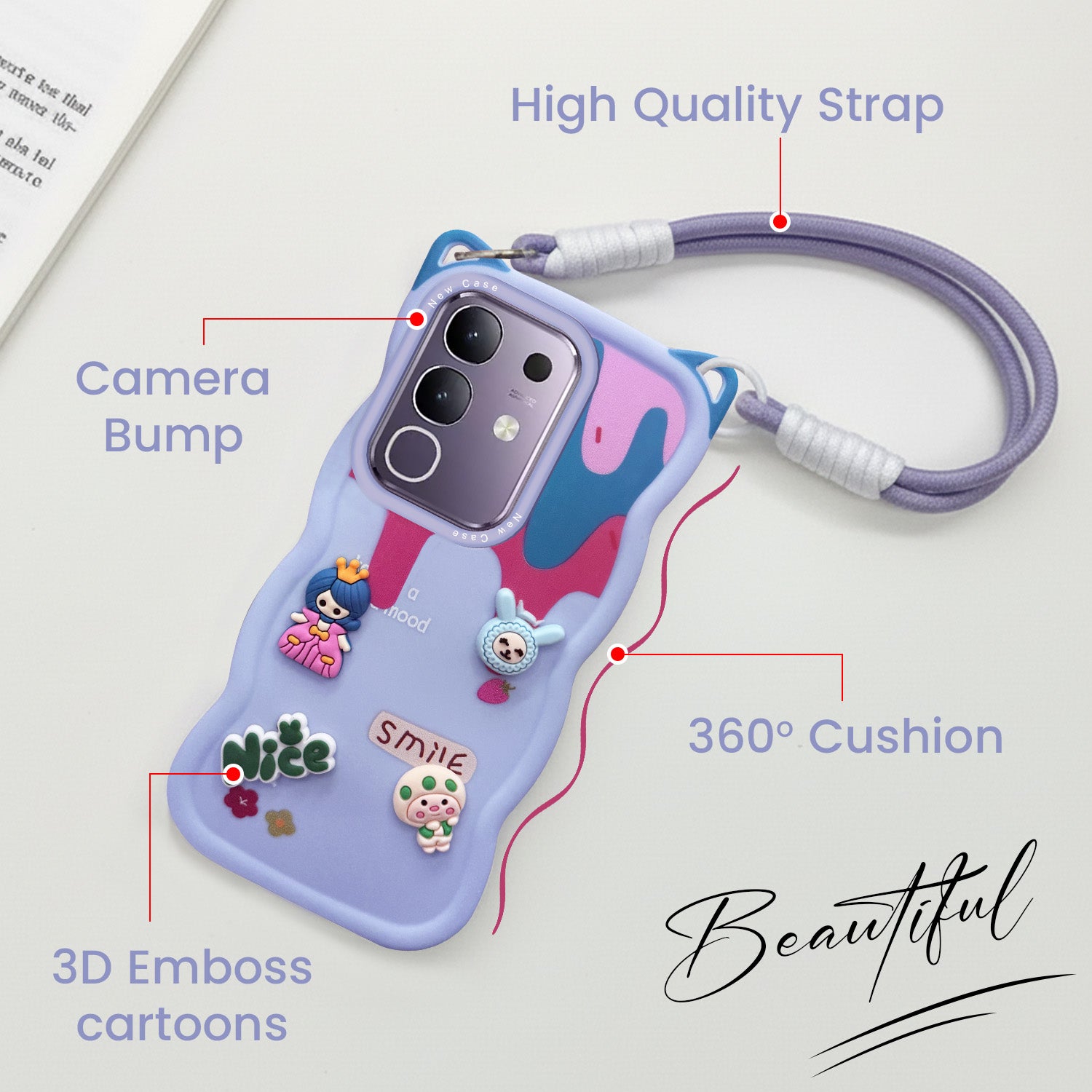 For Vivo T4x | Vivo Y31 Pro Back Case Cover Strap (3D embossed Figures | Strap Holder | 360* Soft Cushion with Camera Bump)