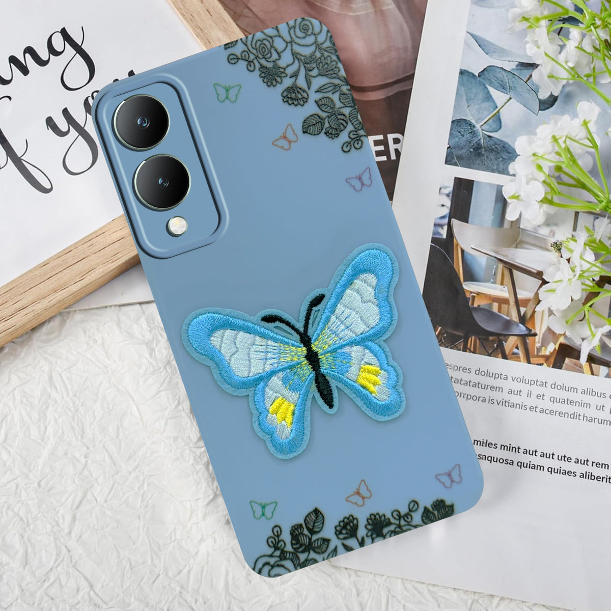 For Vivo Y28 5G Back Cover Case (Soft Butterfly Embroidery | Women Teen Girls | Camera Protection| Matte Silicone)
