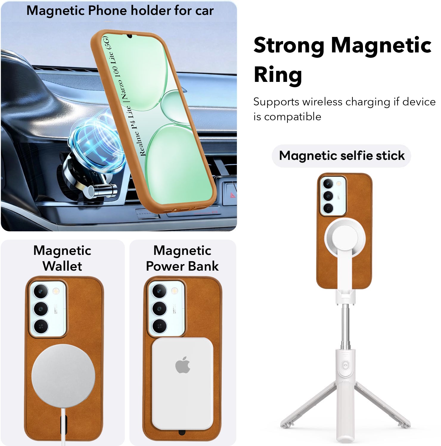 For Realme P4 Lite 5G | Narzo 100 Lite 5G Back Cover Case Leather Finish (MagSafe Compatible Wireless Charging | Soft Touch | Camera Bump Protection)