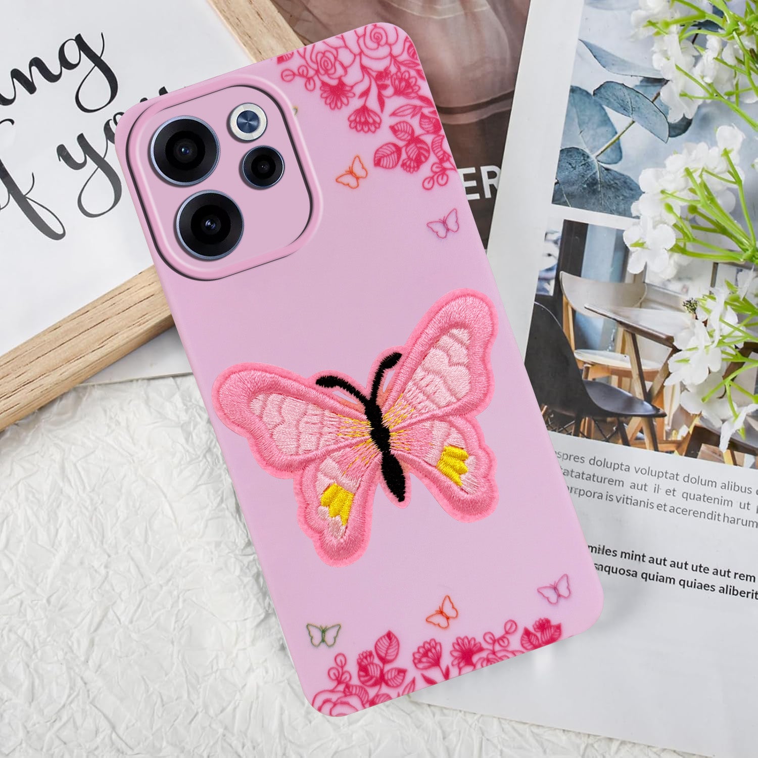 For Oppo Reno 15c Back Cover Case (Soft Butterfly Embroidery | Women Teen Girls | Camera Protection| Matte Silicone)