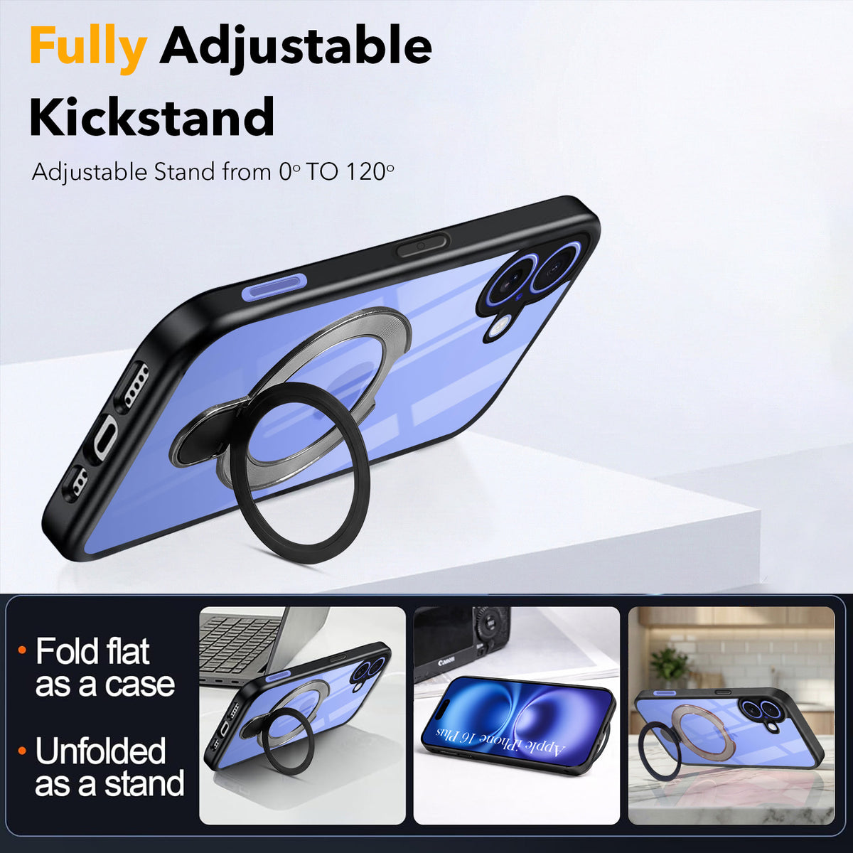 For Apple iPhone 16 Plus Back Cover Case (Kick Stand Ring Holder | Life time Anti Yellow | Camera Protection)