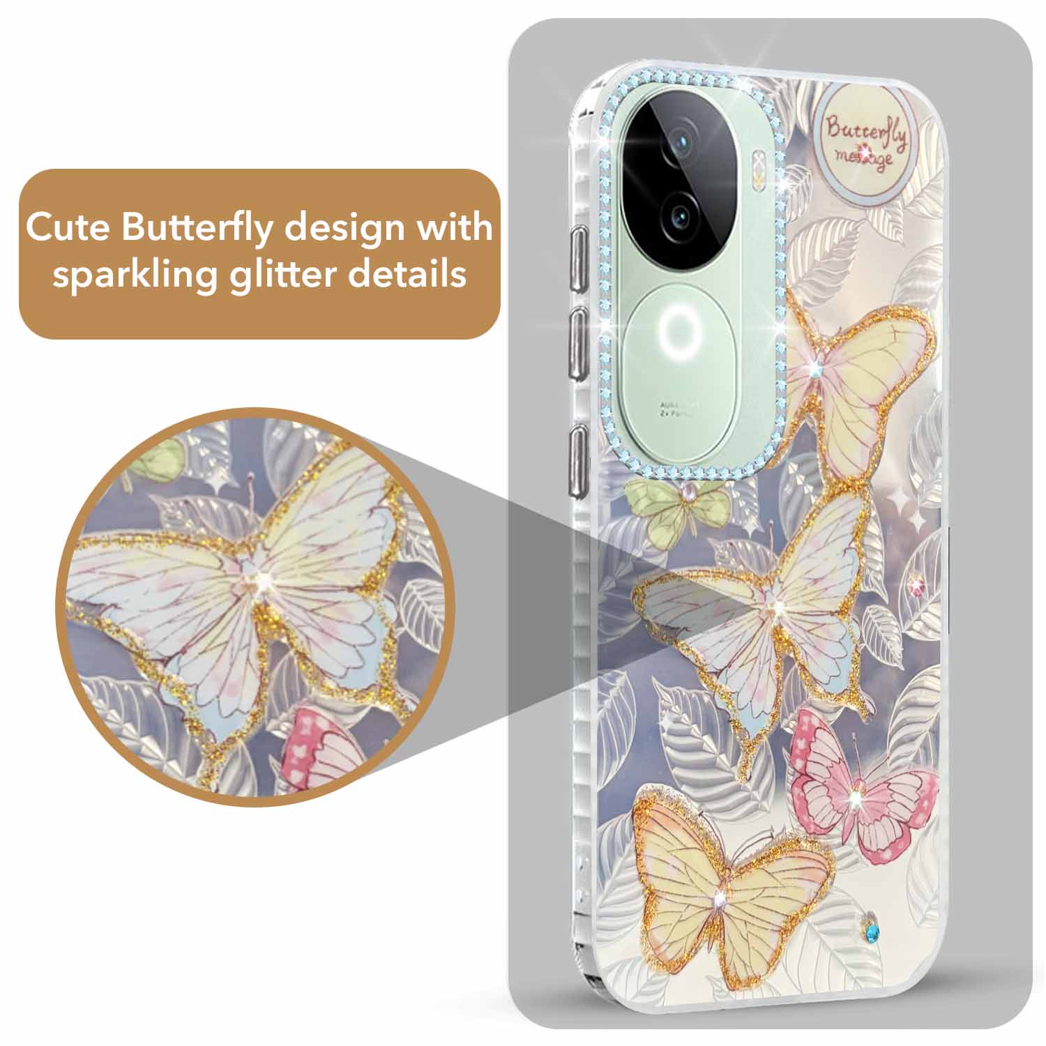 For Vivo iQOO Z9s  Back Cover Case (Luxury Floral Glitter Cute Butterfly | Diamond Studded Camera Bump | Girls & Women Design)