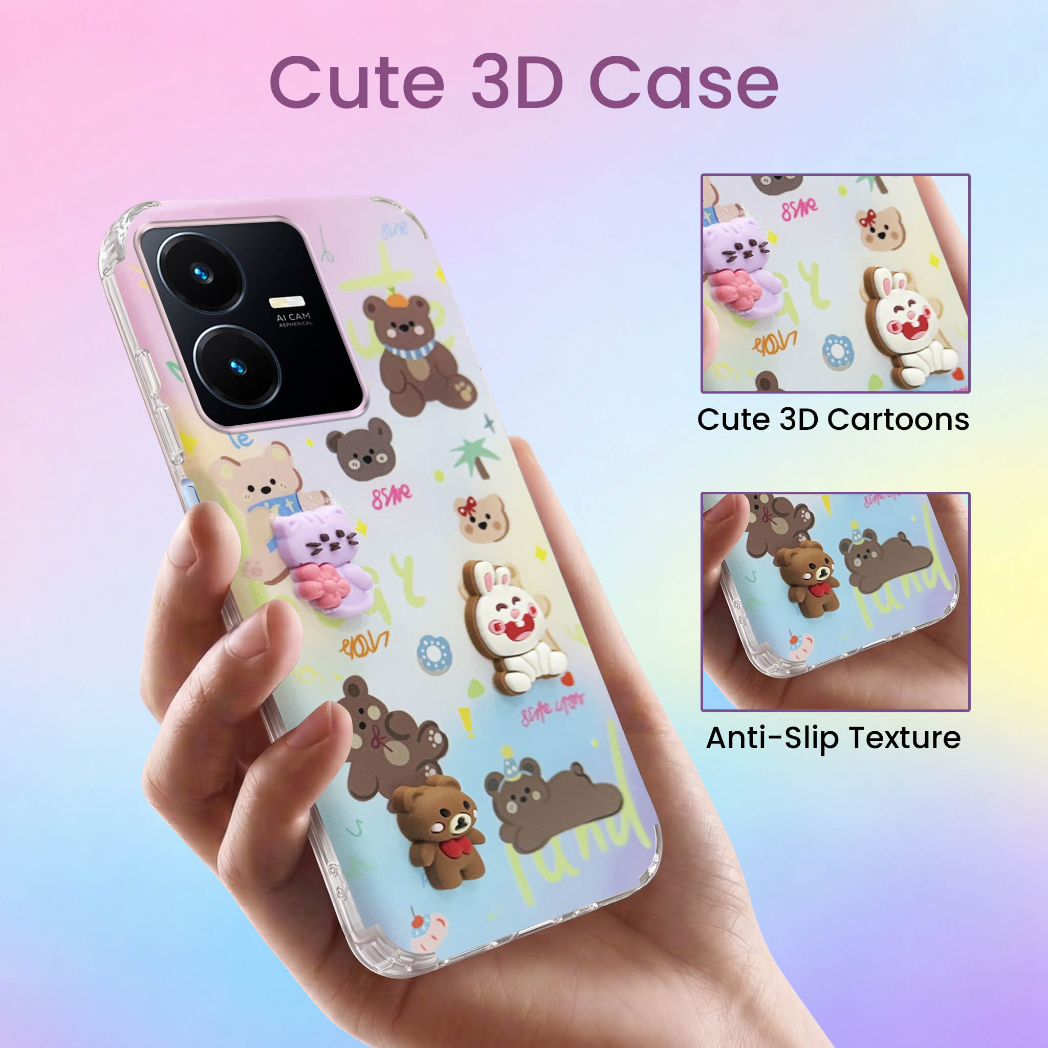 For Vivo Y22 | Vivo Y22s Back Cover Case (3D Cute Cartoons | Hard Back Side Soft | Matte Premium Finish | HD Printing)