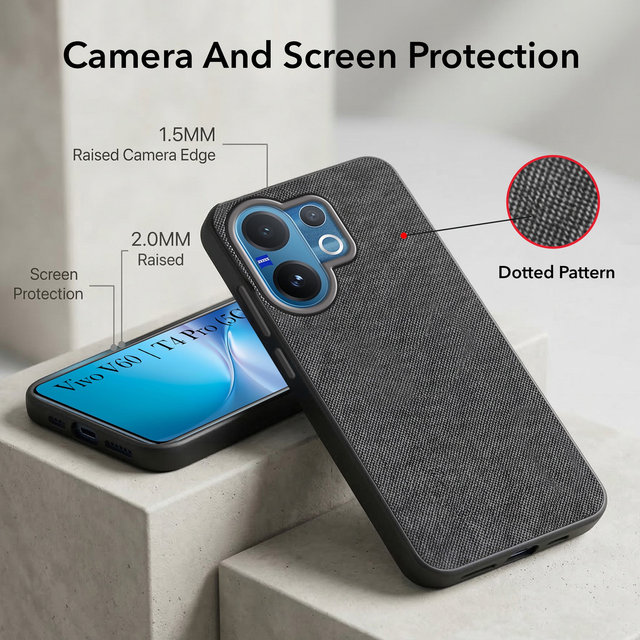 For Vivo V60 | Vivo T4 Pro Combo with Back Cover and 9H Tempered Glass (Textured Grip Design | Micro-Fiber Cloth Inside | Oleophobic Coating Screen Glass)
