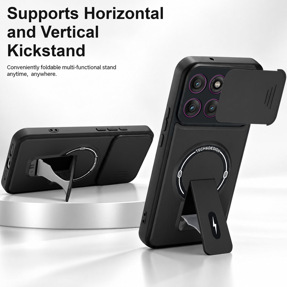 For Motorola Moto Edge 60 Pro Back Case Cover Metallic (Hybrid Armor Kickstand | Sliding Shutter Camera Protection | MagSafe Compatible)