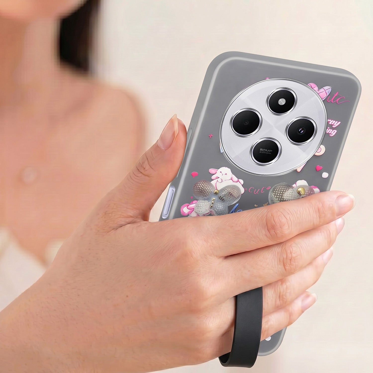For Redmi A4 5G | Xiaomi Redmi 14C Back Cover Case (3D Cute Heart Strap Holder | Camera Protection | Designer Girls Print)