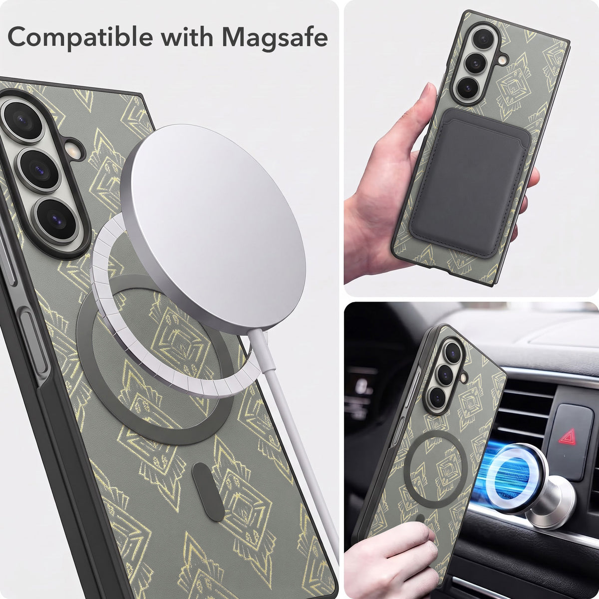 For Samsung Galaxy Z Fold 7 Back Cover Case Premium Magnetic (MagSafe Compatible | 180° Folding Design | Geometric Gold Pattern | Soft Microfiber Inner Lining)