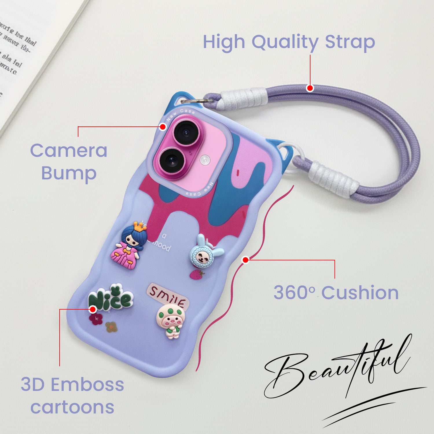 For Apple iPhone 16 Plus Back Case Cover Strap (3D Embossed Figures | Strap Holder | 360* Soft Cushion with Camera Bump)