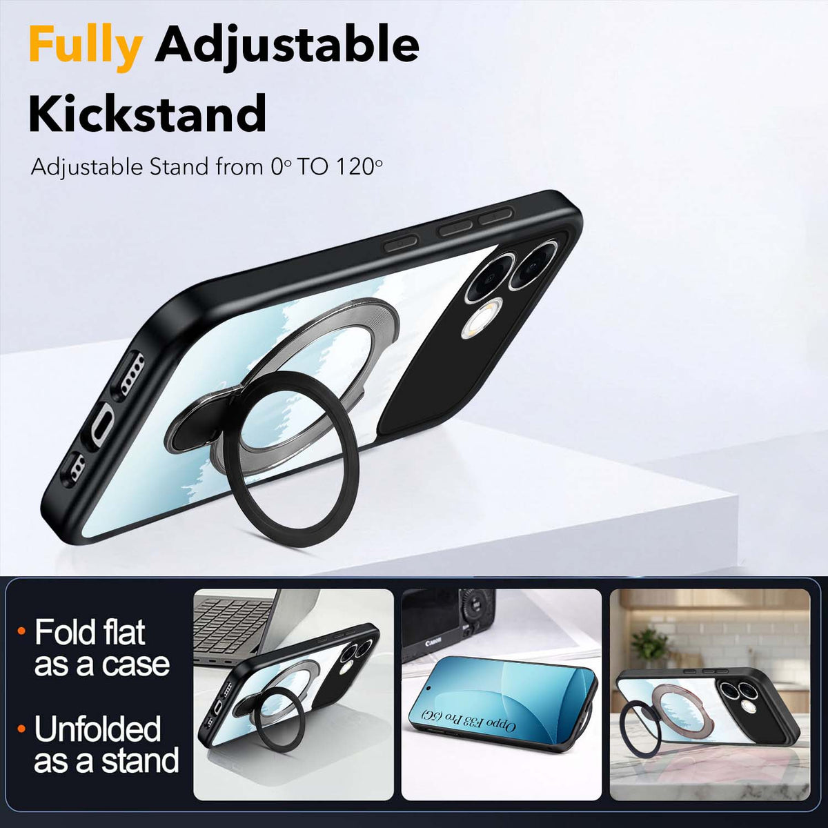 For Oppo F33 Pro 5G Back Cover Case (Kick Stand Ring Holder | Life time Anti Yellow | Camera Protection)