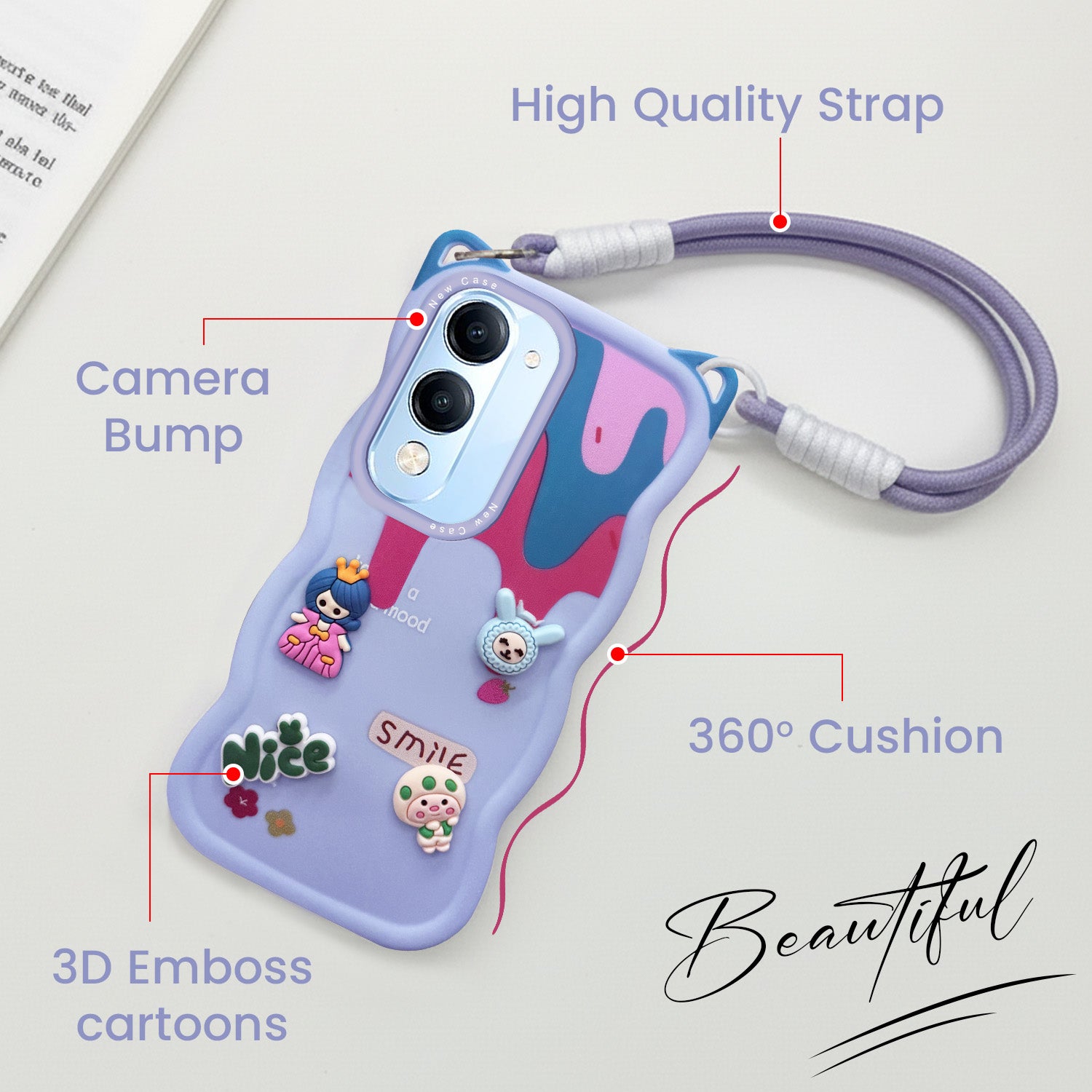 For Vivo iQOO Z10 Lite Back Case Cover Strap (3D Embossed Figures | Strap Holder | 360* Soft Cushion with Camera Bump)