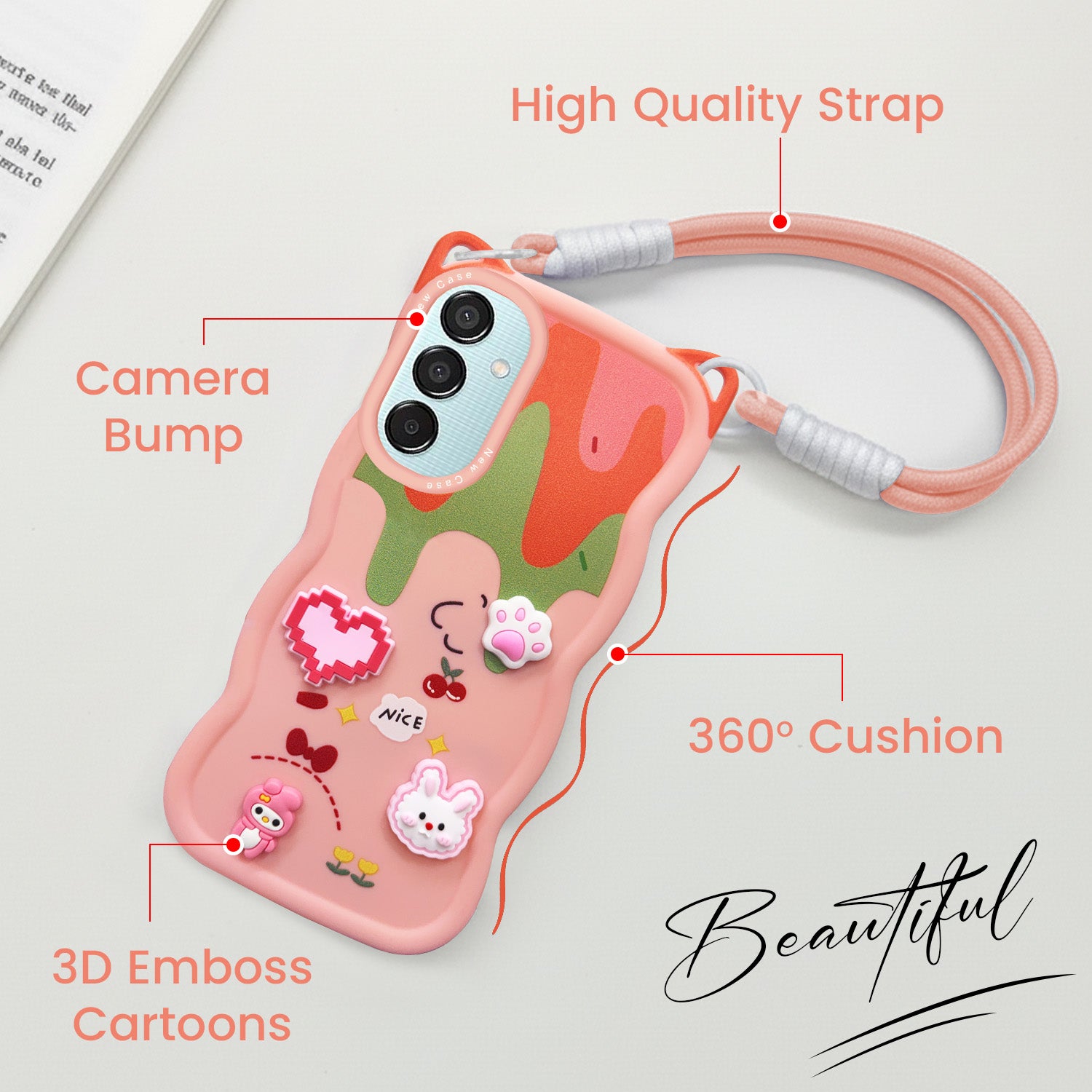 For Samsung Galaxy M15 5G Back Case Cover Strap (3D embossed Figures | Strap Holder | 360* Soft Cushion with Camera Bump)