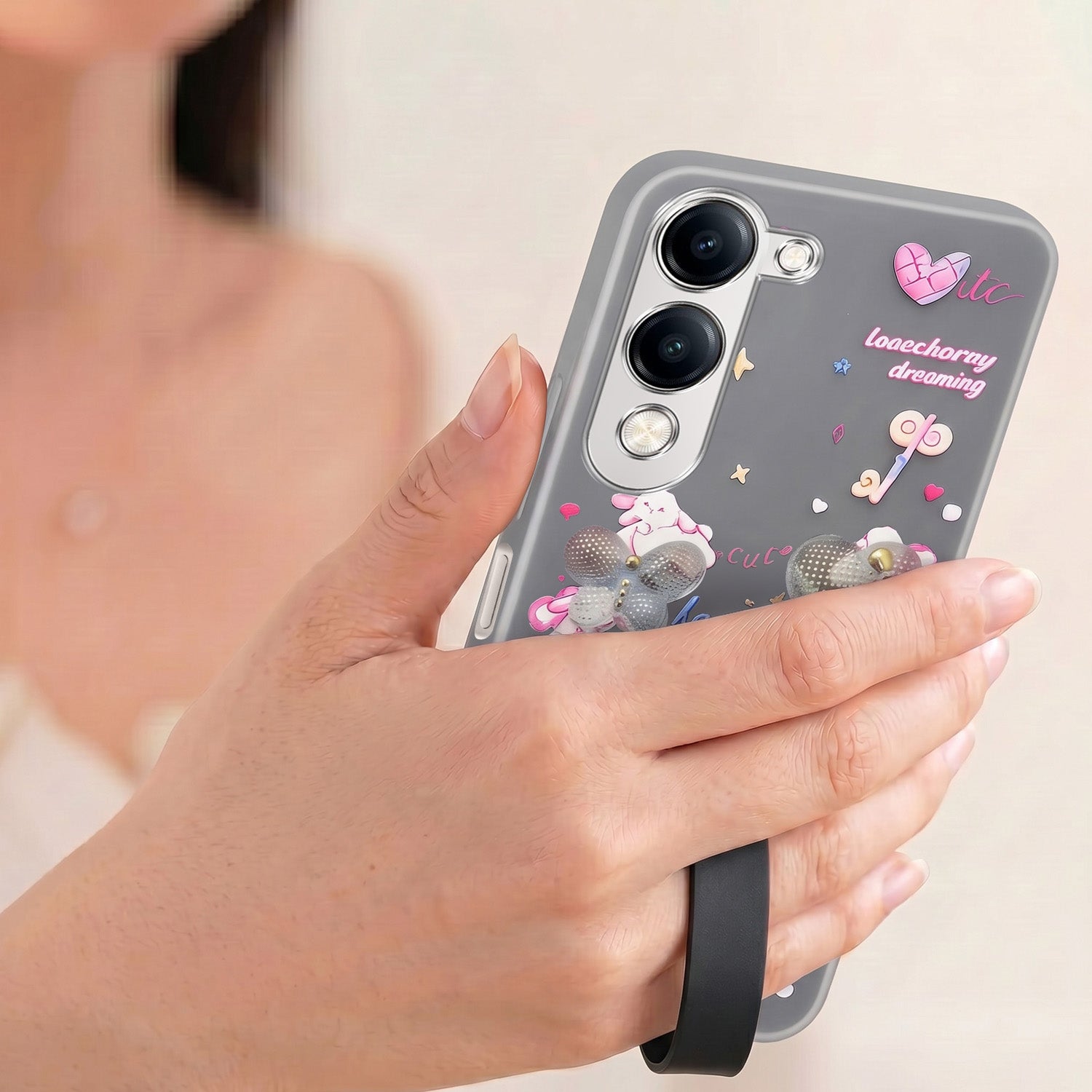 For Vivo Y19 | Vivo Y19e | Vivo T4 Lite Back Cover Case (3D Cute Heart Strap Holder | Camera Protection | Designer Girls Print)