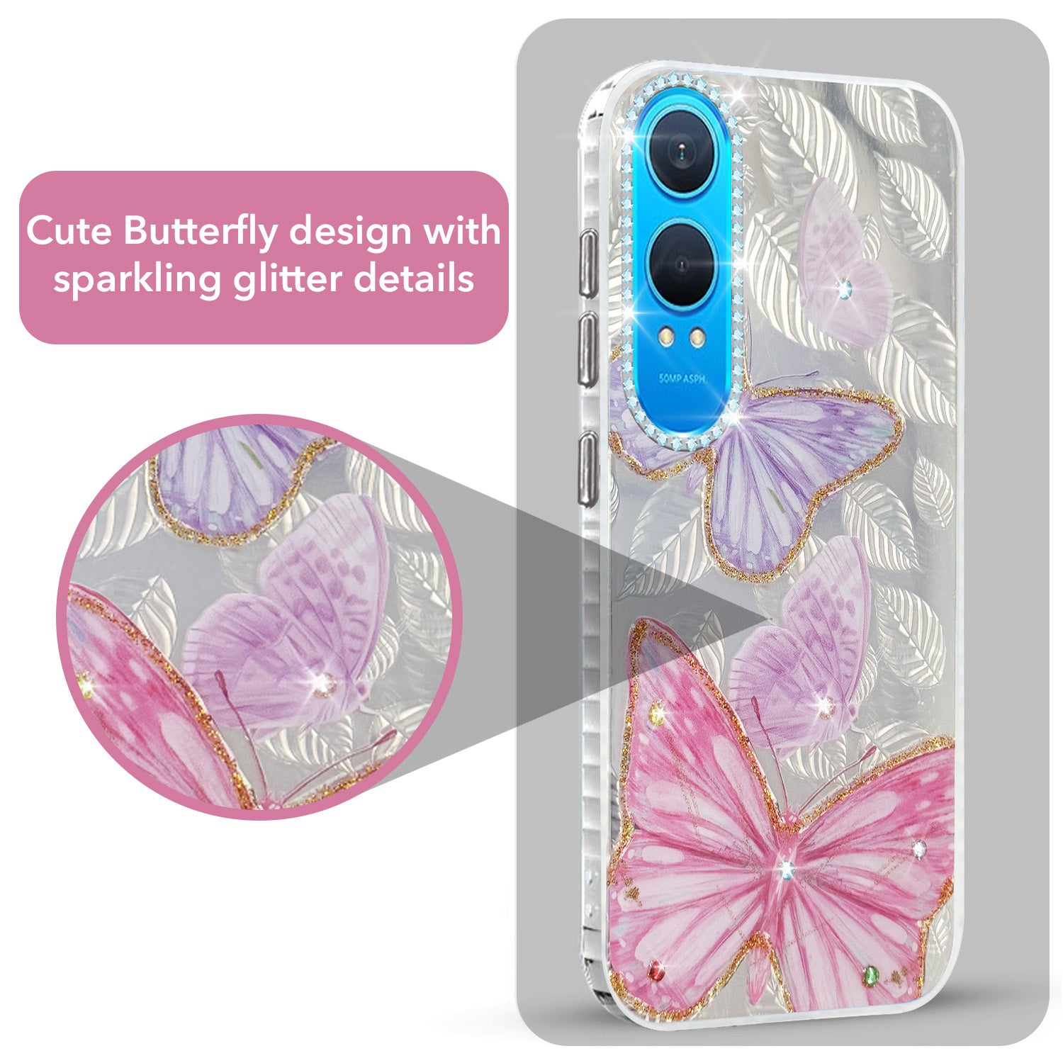 For OnePlus Nord CE 4 Lite Back Cover Case (Luxury Floral Glitter Cute Butterfly | Diamond Studded Camera Bump | Girls & Women Design)