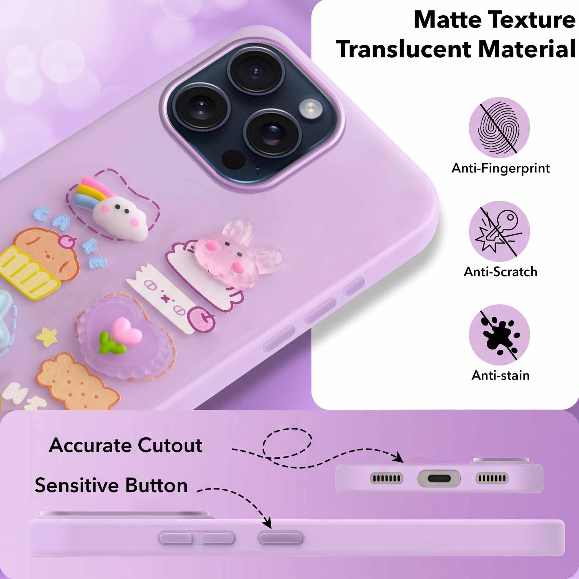 For Apple iPhone 15 Pro Max Back Cover Case (3D Cute Cartoons | Hard Back Side Soft | Matte Premium Finish | HD Printing)