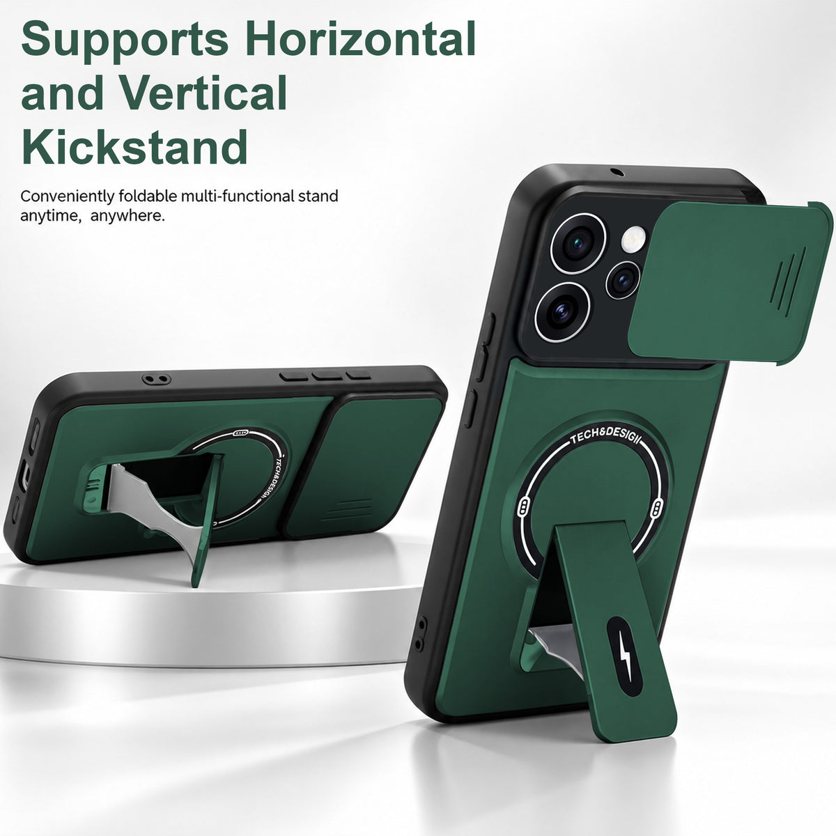 For Oppo Reno15 Pro Mini 5G | Reno 15 Pro Mini Back Case Cover Metallic (Hybrid Armor Kickstand | Sliding Shutter Camera Protection | MagSafe Compatible)