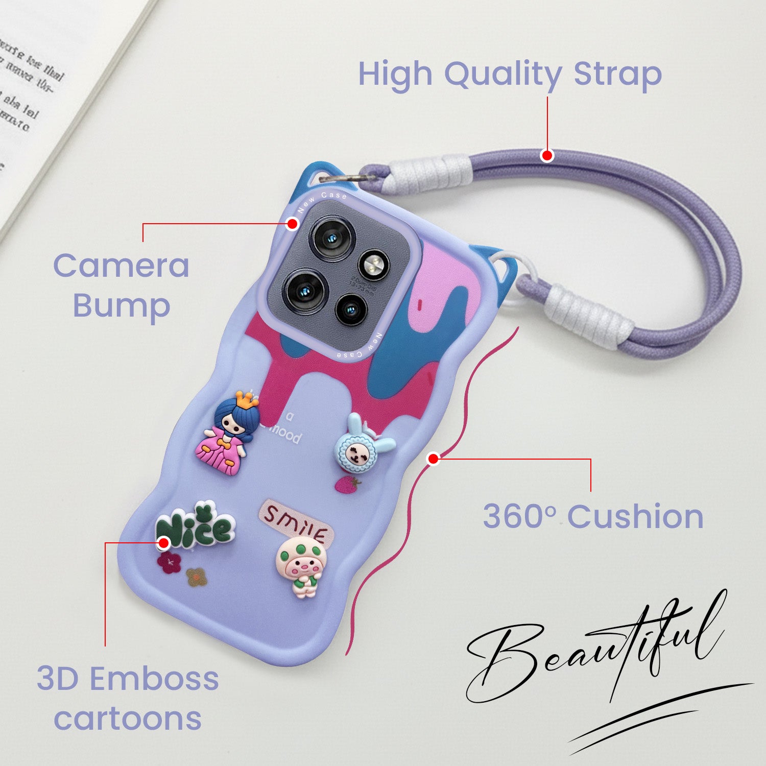 For Motorola Moto Edge 50 Neo Back Case Cover Strap (3D embossed Figures | Strap Holder | 360* Soft Cushion with Camera Bump)