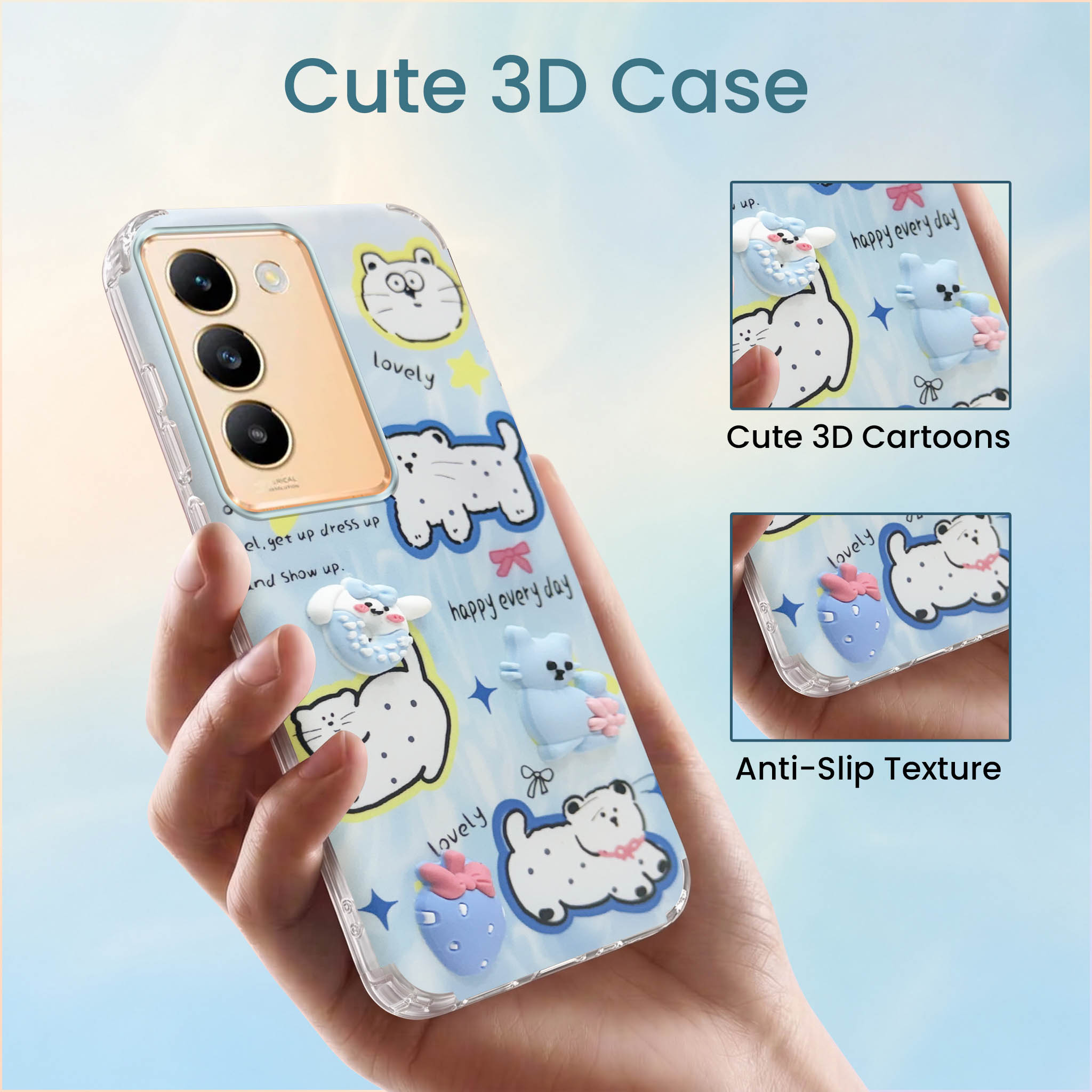 For Vivo Y200e Back Cover Case (3D Cute Cartoons | Hard Back Side Soft | Matte Premium Finish | HD Printing)