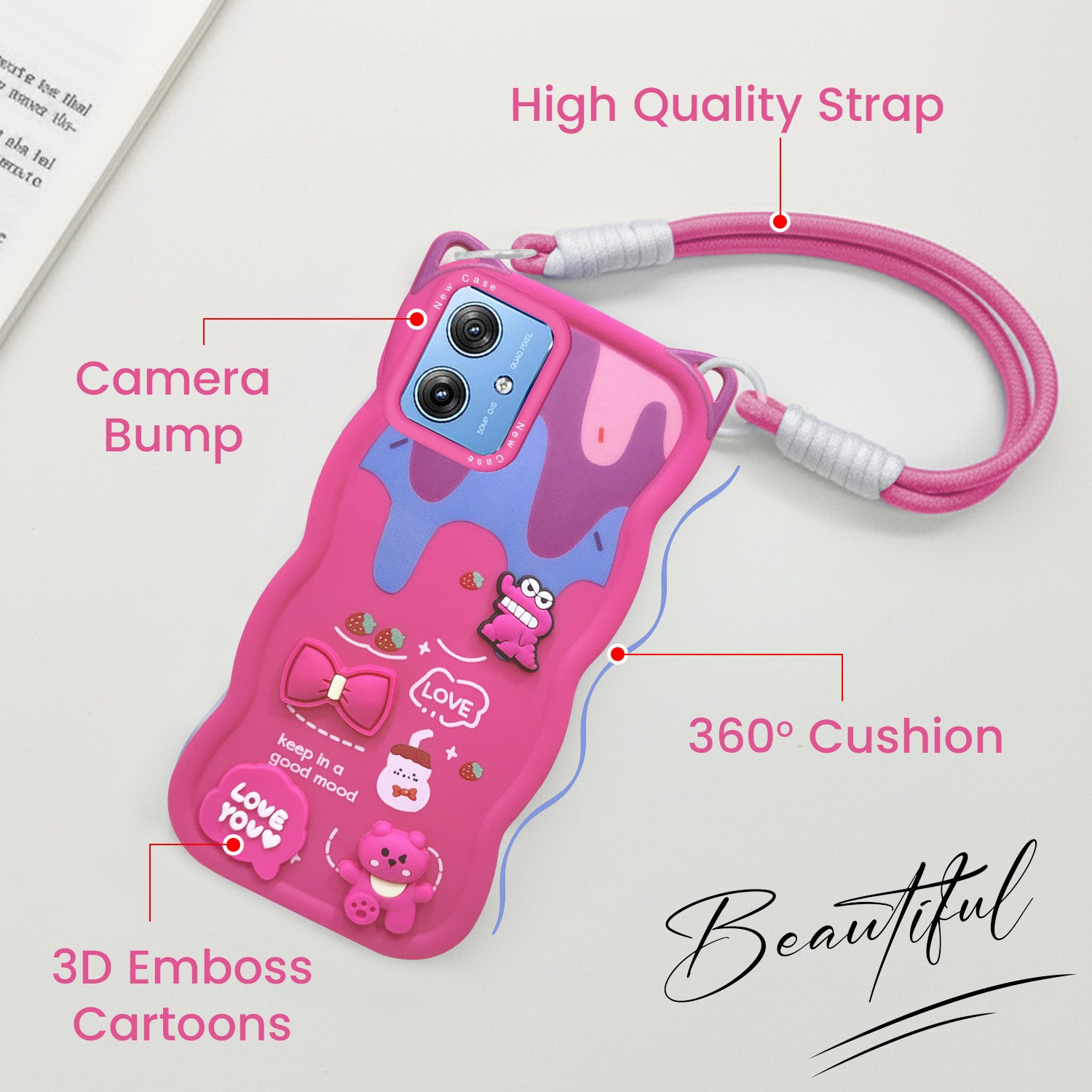 For Motorola Moto G64 5G Back Case Cover Strap (3D embossed Figures | Strap Holder | 360* Soft Cushion with Camera Bump)